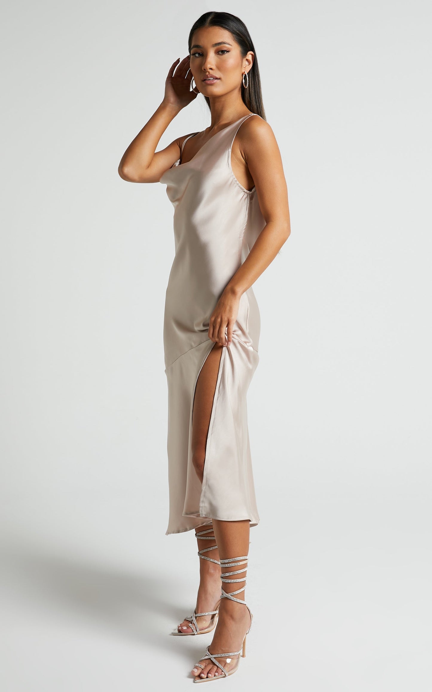 Viola Midi Dress - Cowl Neck Asymmetrical Frill Dress in Champagne