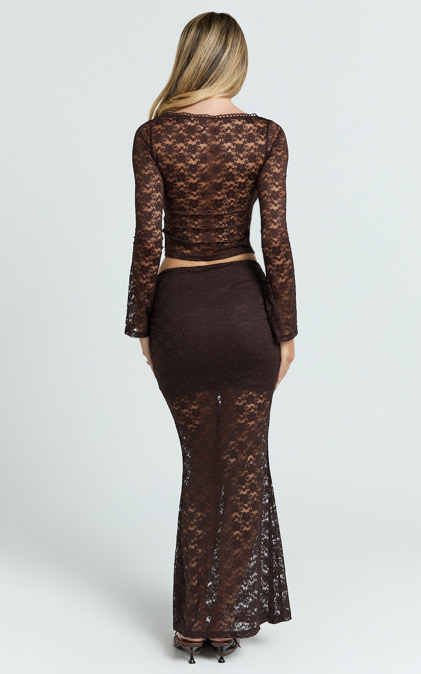 Viola Maxi Skirt - Lace Sheer Bodycon Skirt in Chocolate