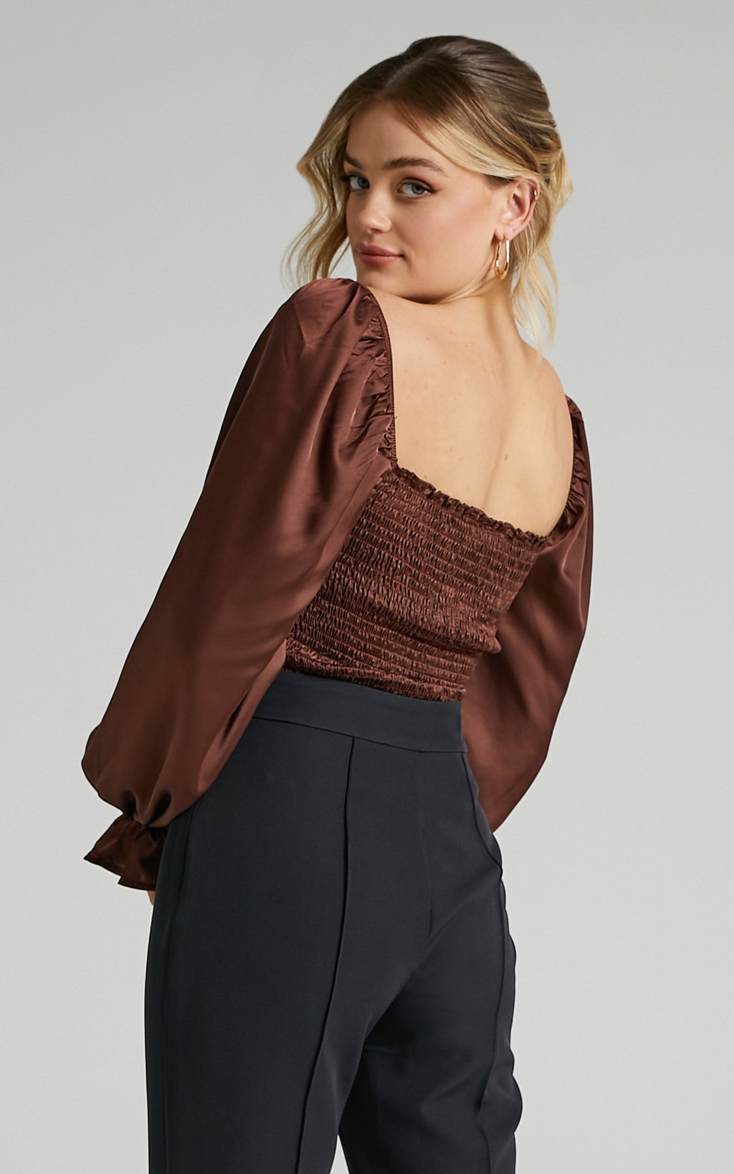 Vira Top - Shirred Top in Chocolate Satin