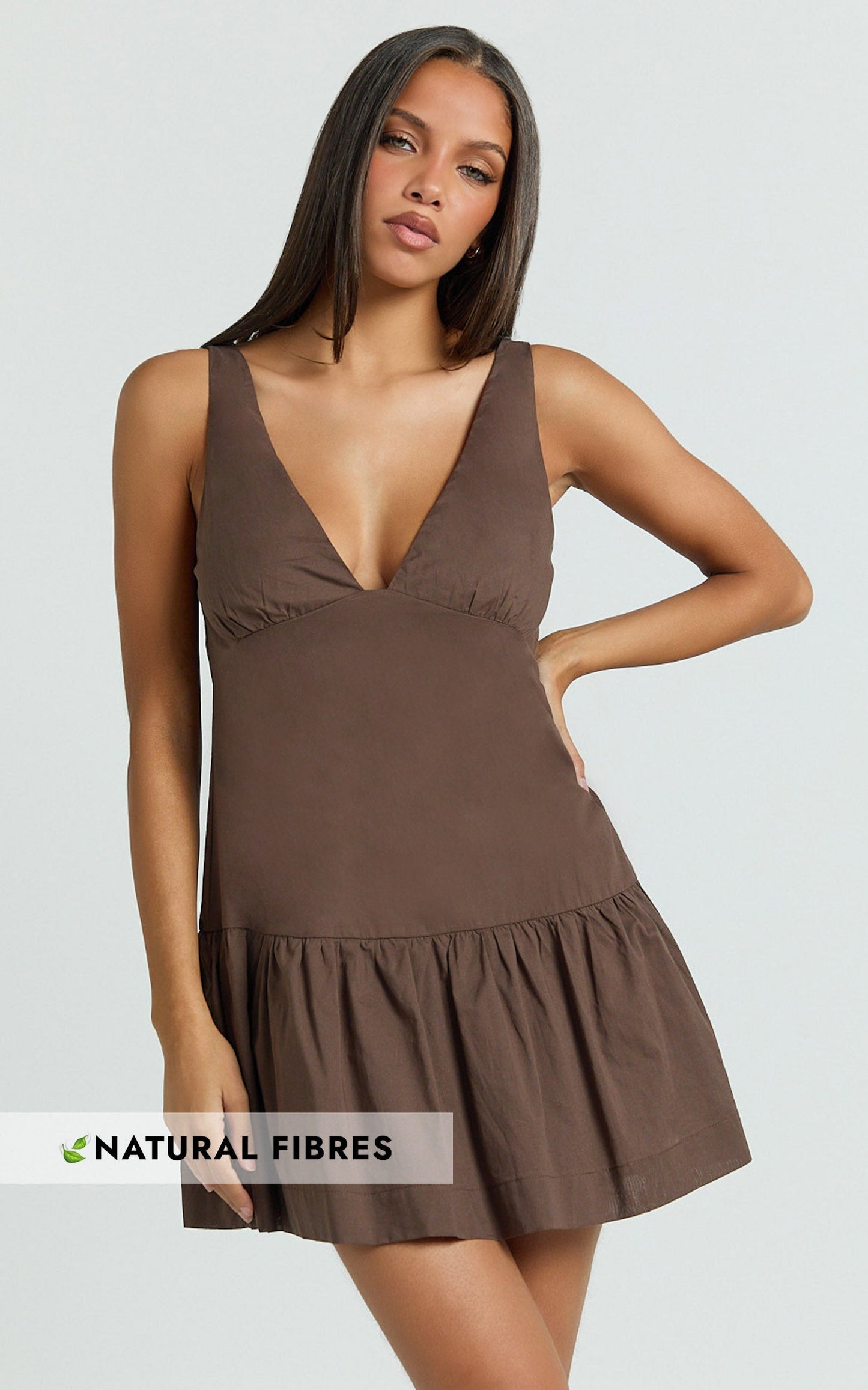 Virginia Mini Dress - Dropped Waist Gathered Mini Dress in Chocolate