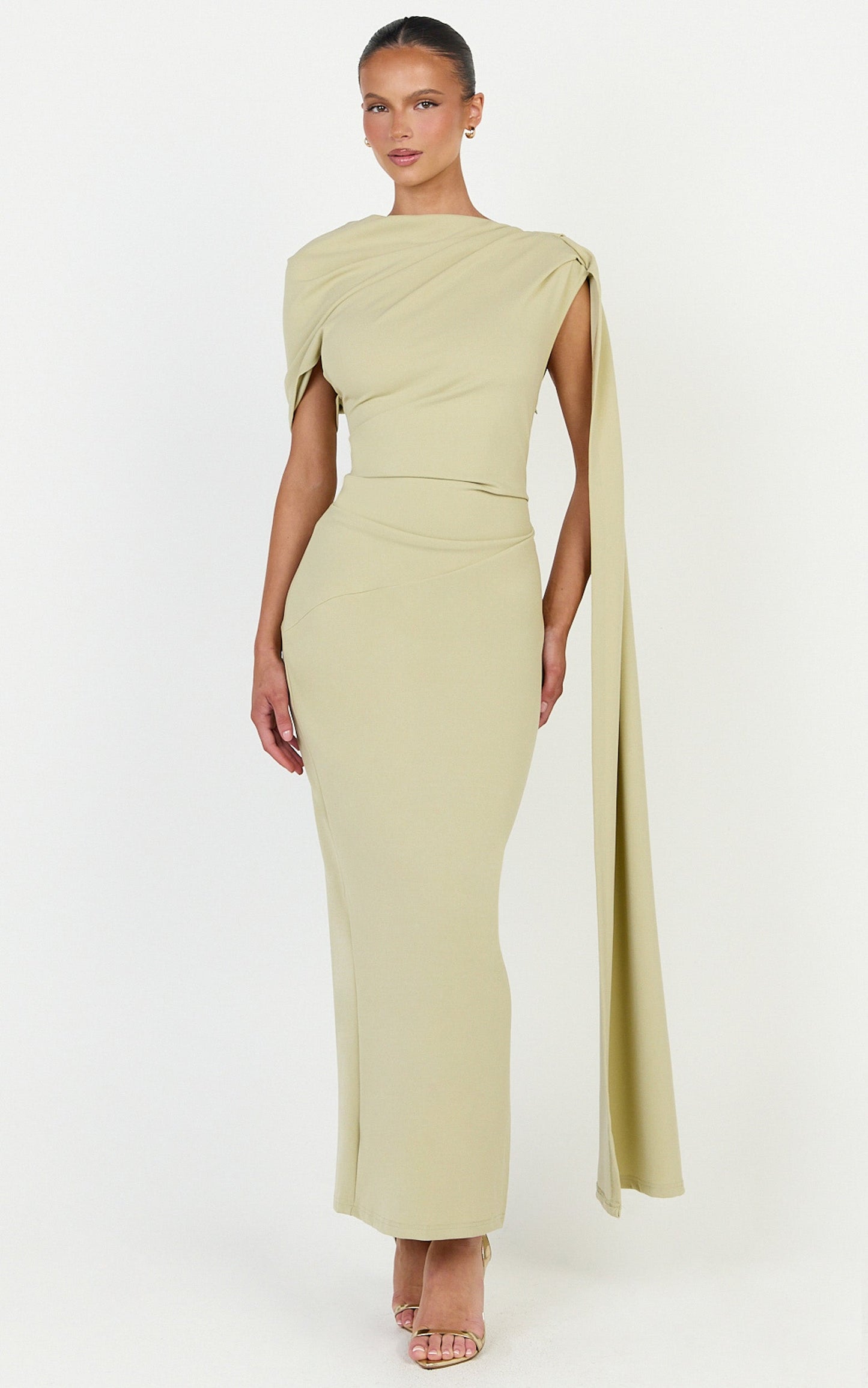 Visenta Midi Dress - Asymmetrical Sleeve Dress in Sage