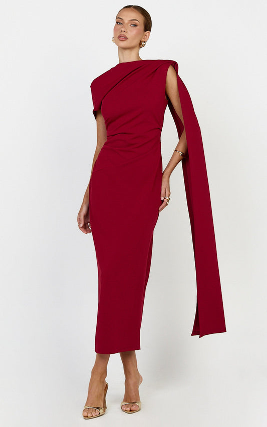 Visenta Midi Dress - Asymmetrical Sleeve Dress in Wine