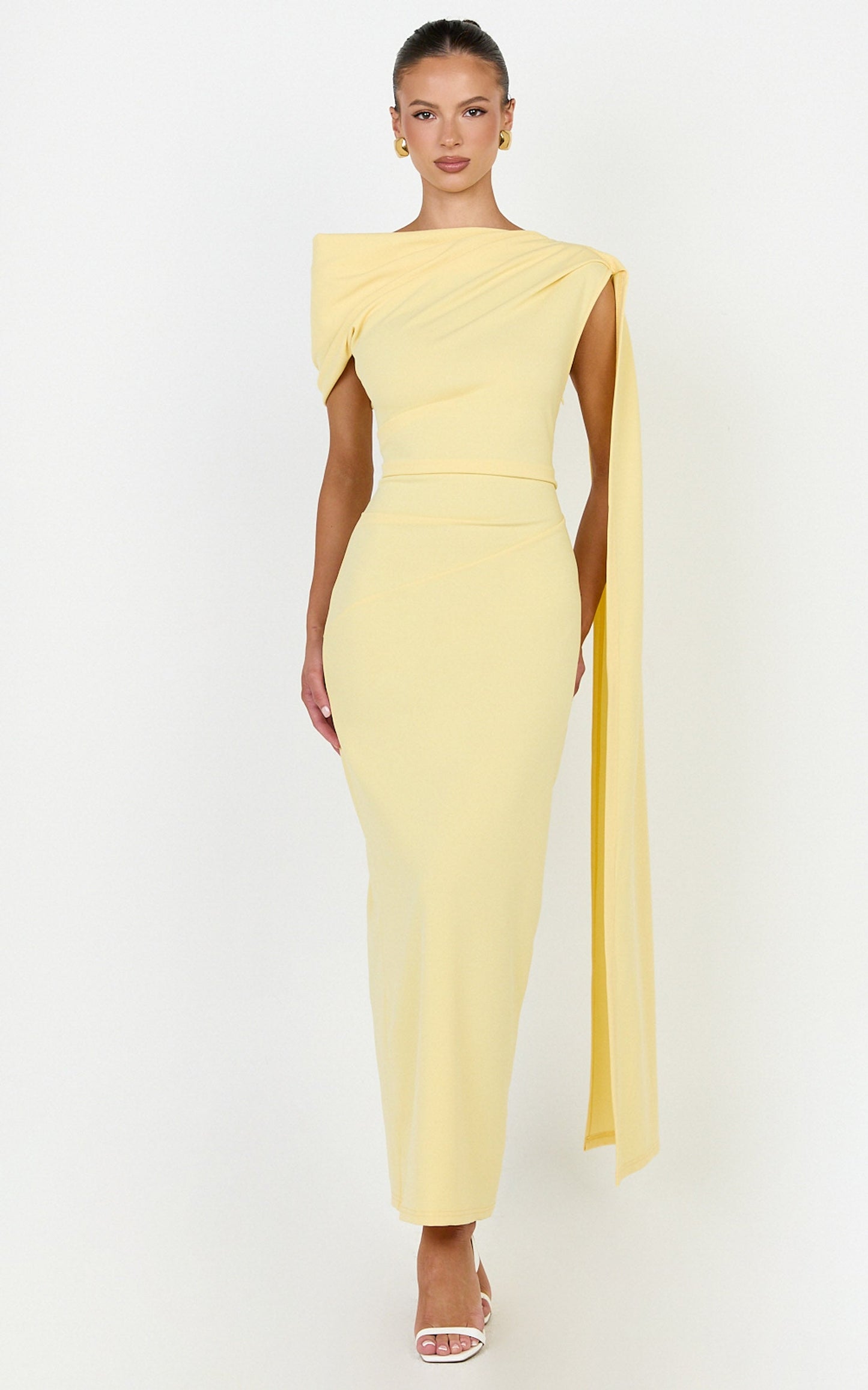 Visenta Midi Dress - Asymmetrical Sleeve Dress in Yellow
