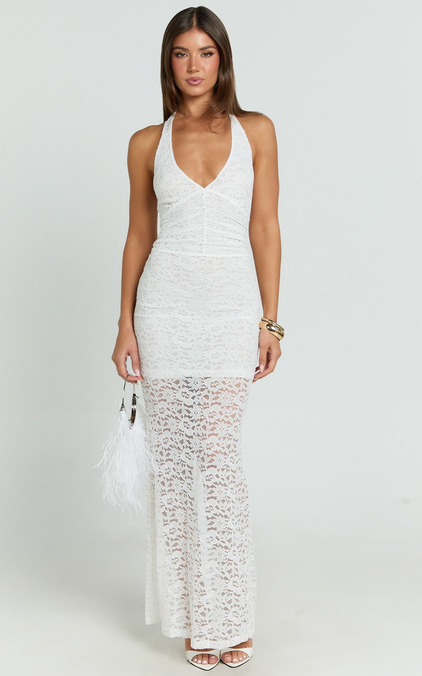 Vivette Maxi Dress - Lace Plunge Keyhole Front Bodycon Dress in Ivory