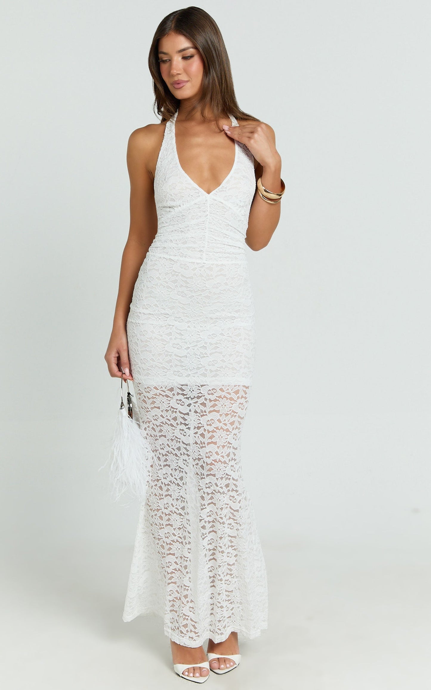 Vivette Maxi Dress - Lace Plunge Keyhole Front Bodycon Dress in Ivory