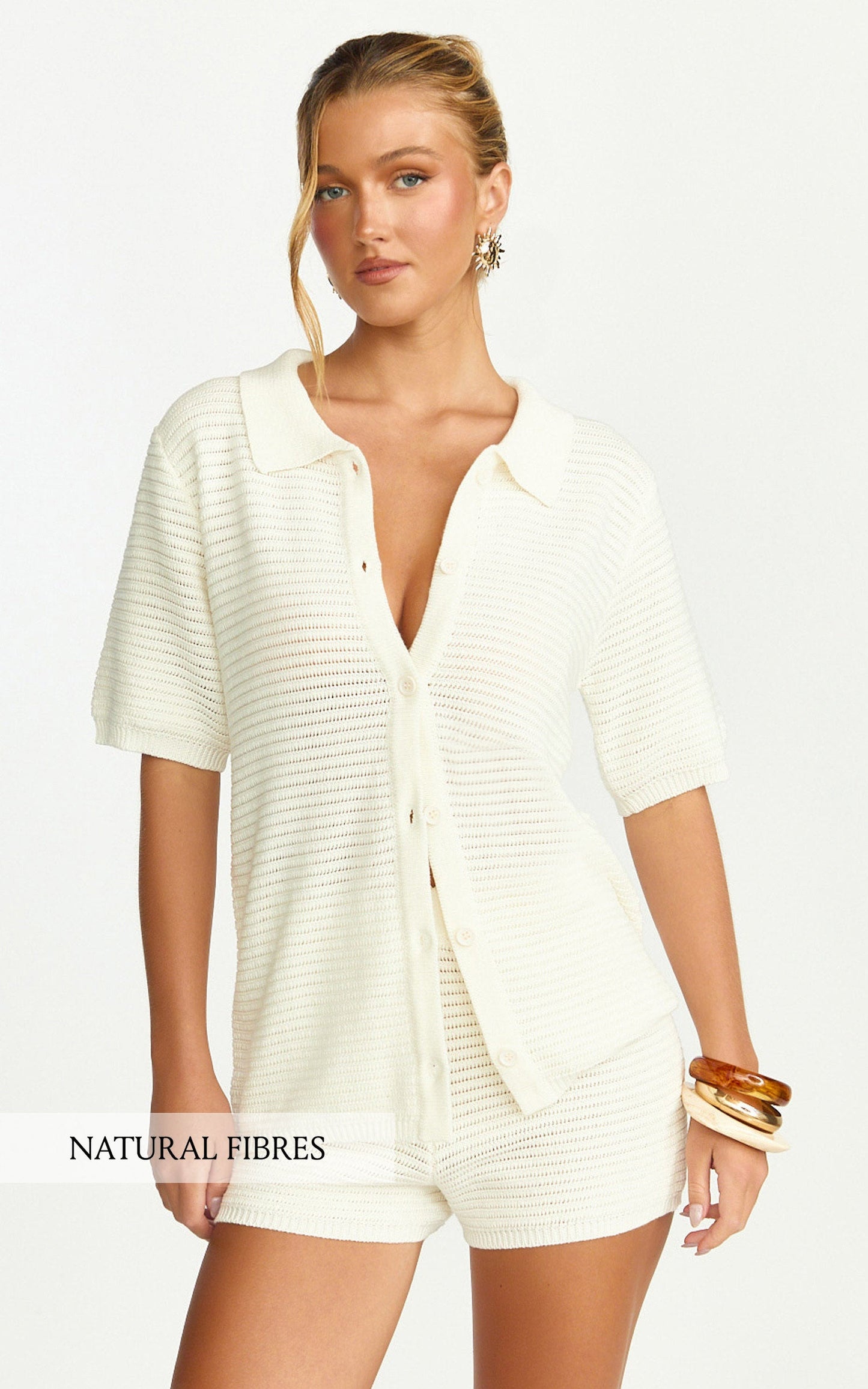 Vivi Two Piece Top and Shorts Set - Crochet Shirt and Shorts Set in Cream