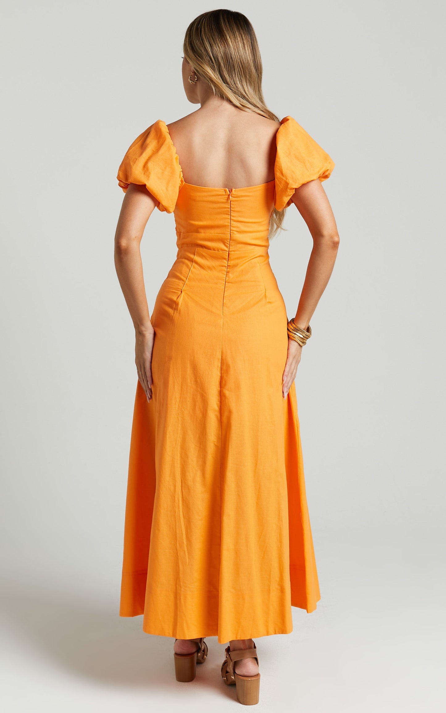 Viviana Midi Dress - Sweetheart Puff Short Sleeve Dress in Orange