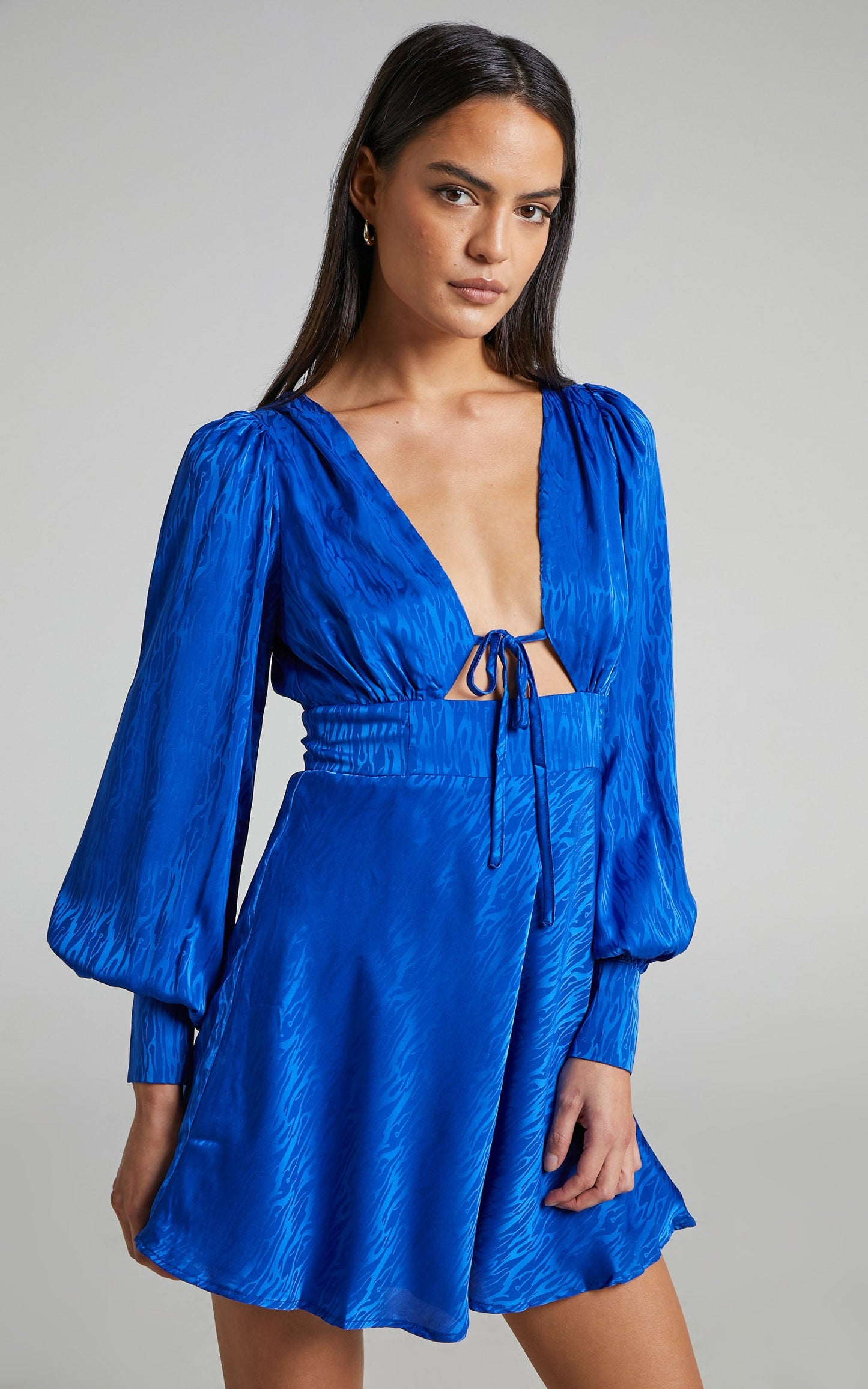 Vivette Mini Dress - Tie Back Long Sleeve Plunge Neck Dress in Blue