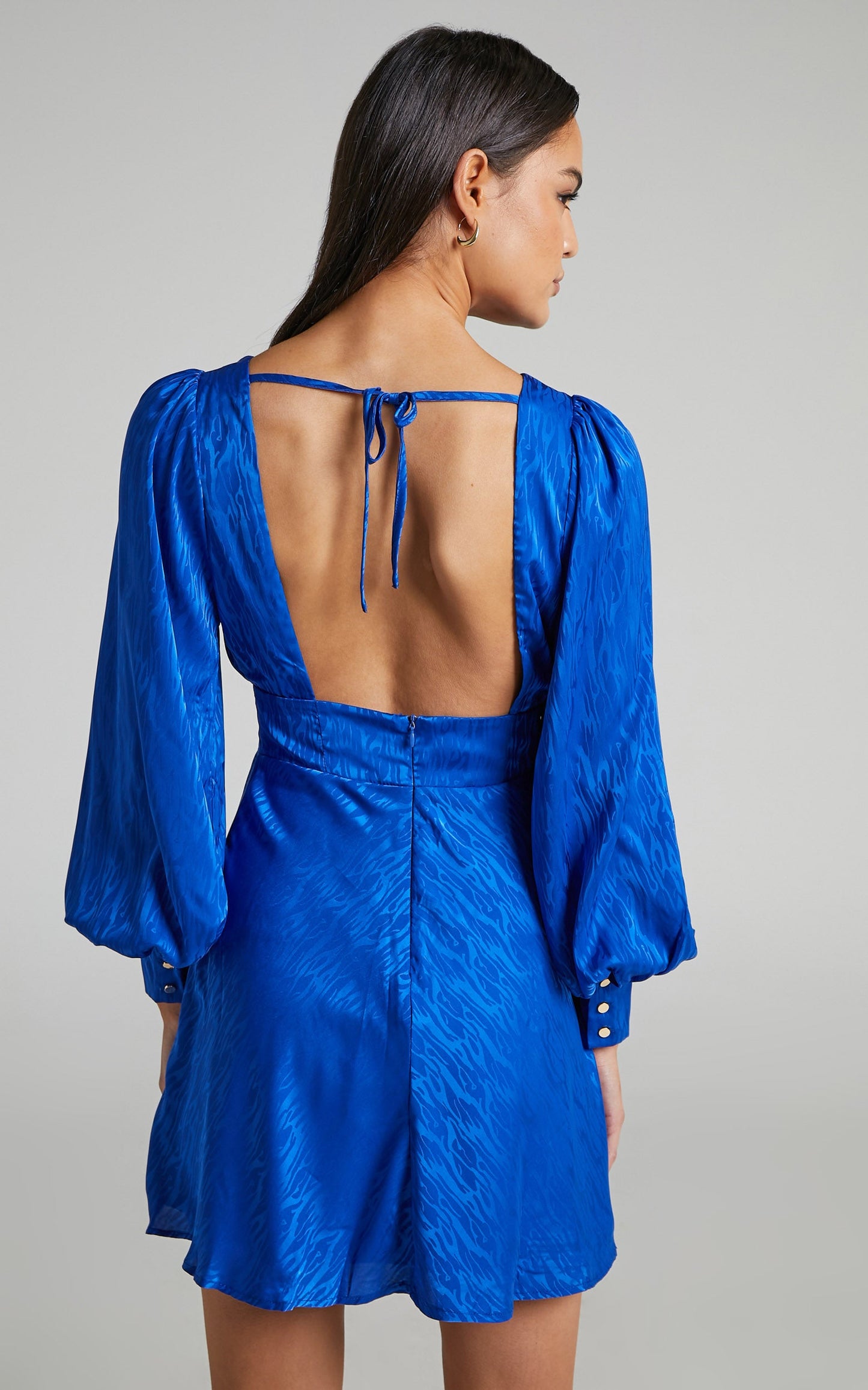 Vivette Mini Dress - Tie Back Long Sleeve Plunge Neck Dress in Blue