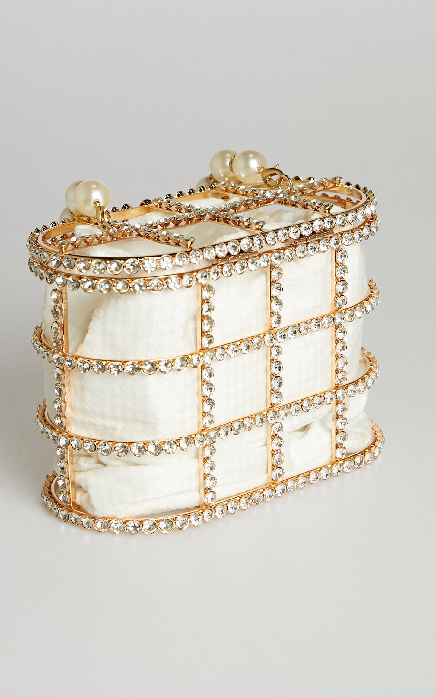 Vyomini Pearl Handle Gold Cage Clutch Bag in Pearl