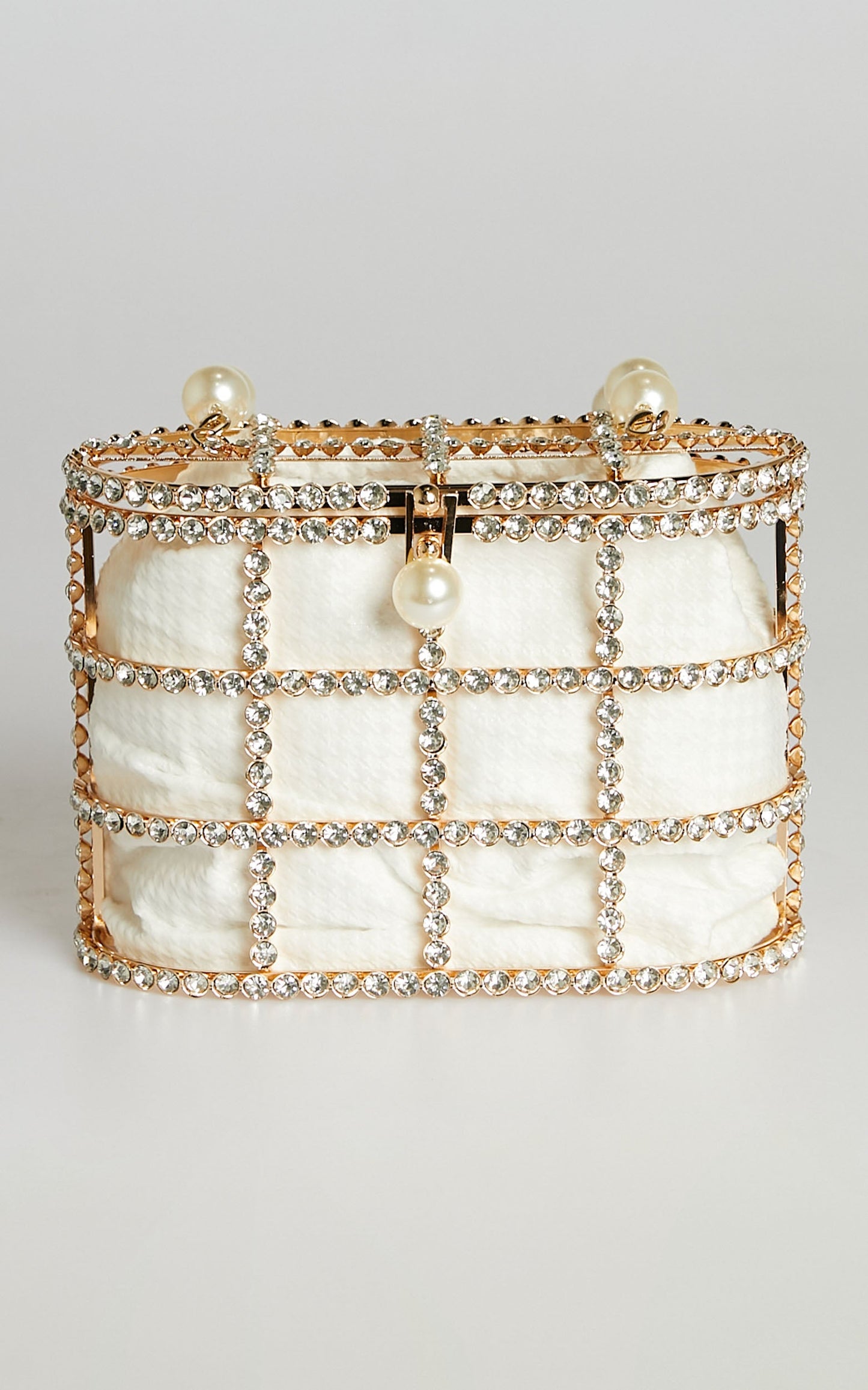 Vyomini Pearl Handle Gold Cage Clutch Bag in Pearl