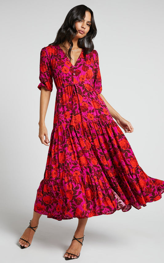 Waiting So Long Midi Dress - V Neck Thigh Split Dress in Pink Floral