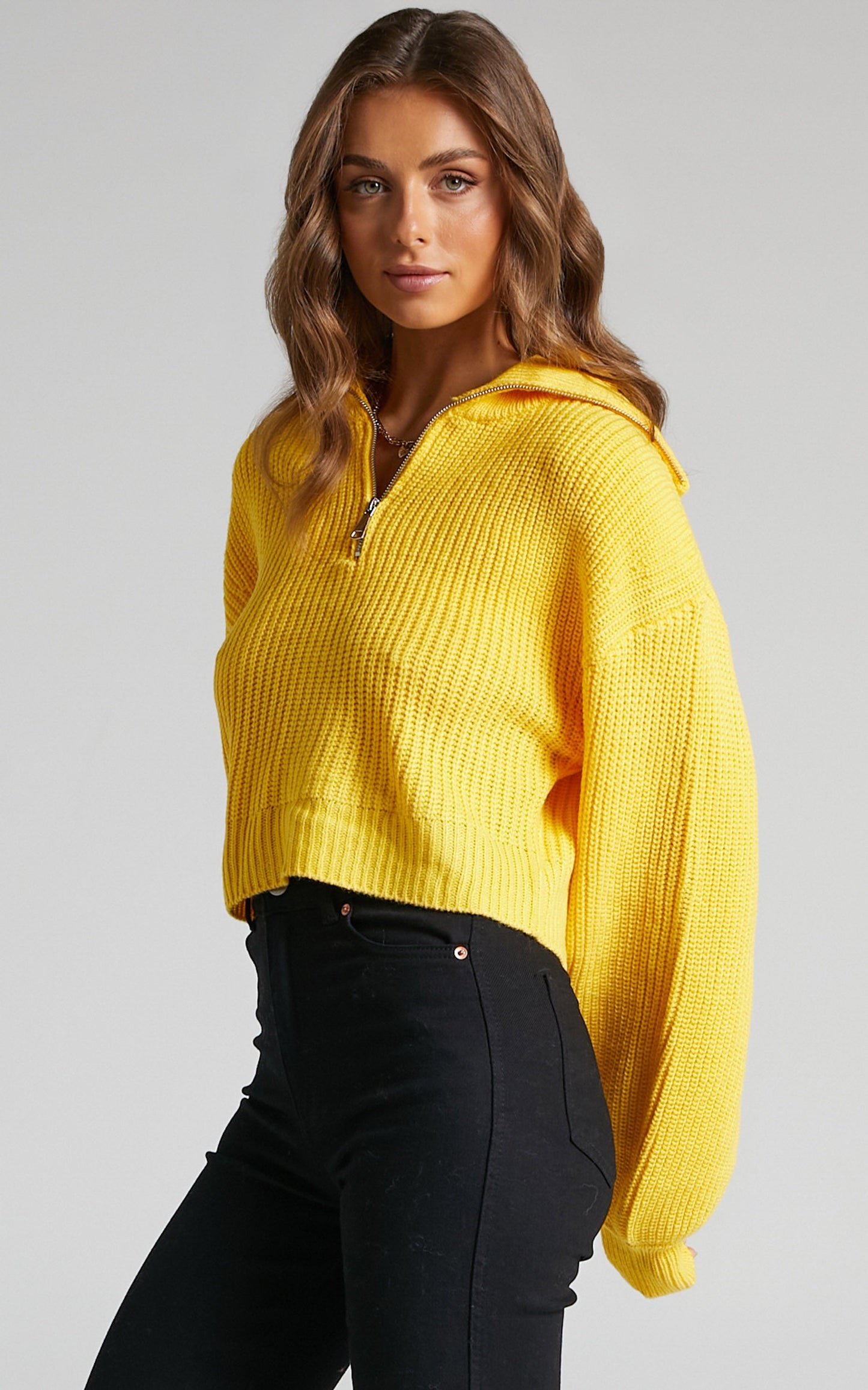 Anjeanette Puff Sleeve Quarter Zip Sweater in Yellow