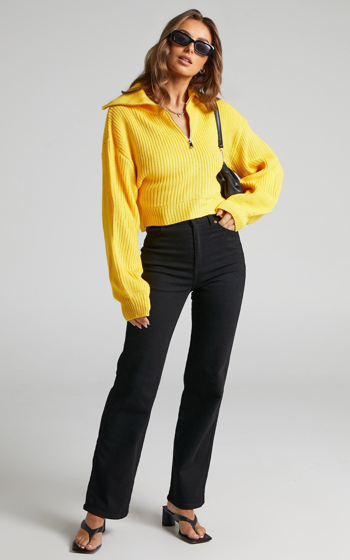 Anjeanette Puff Sleeve Quarter Zip Sweater in Yellow