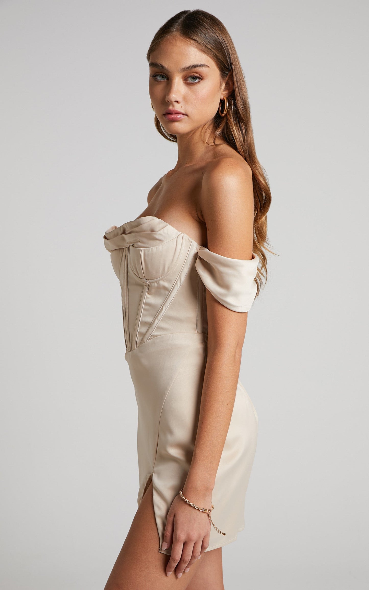 Wallace Mini Dress - Strapless Bardot Sleeve Cowl Neck Corset Dress in Oyster