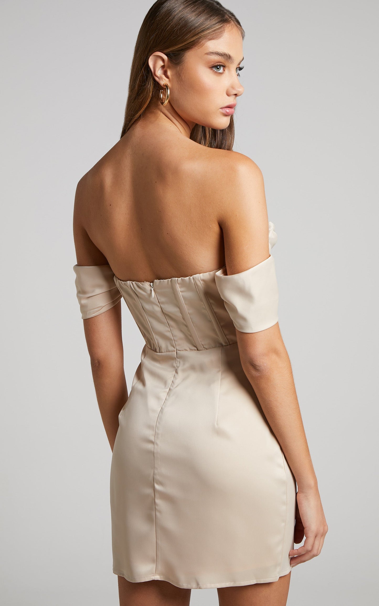 Wallace Mini Dress - Strapless Bardot Sleeve Cowl Neck Corset Dress in Oyster