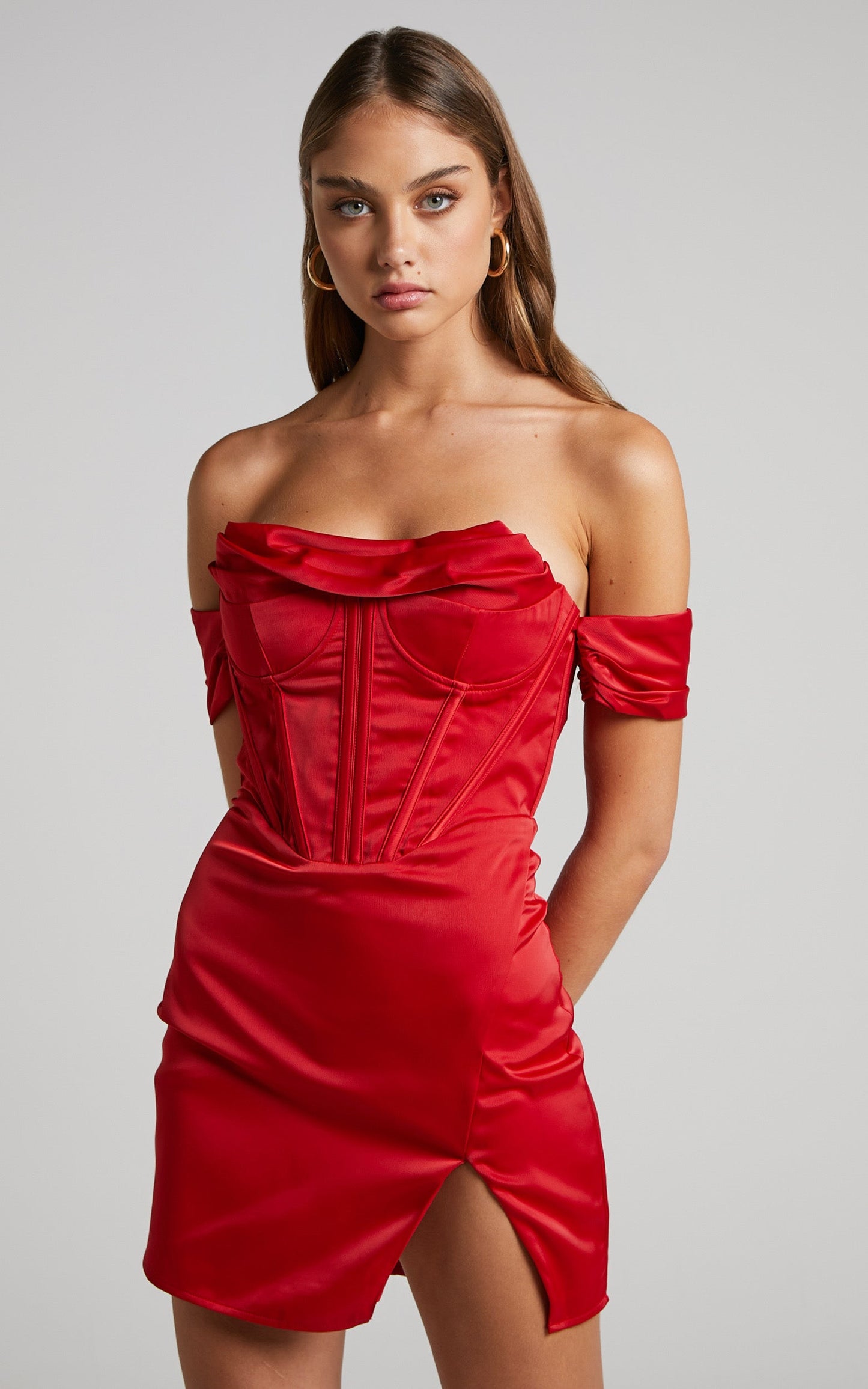 Wallace Mini Dress - Strapless Bardot Sleeve Cowl Neck Corset Dress in Red