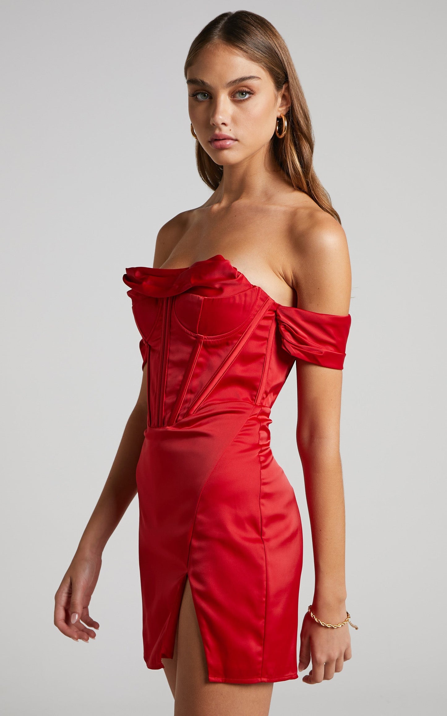 Wallace Mini Dress - Strapless Bardot Sleeve Cowl Neck Corset Dress in Red