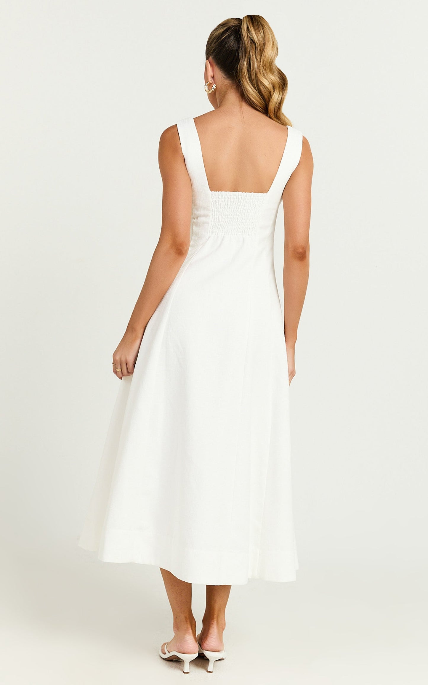 Walters Midi Dress - Square Neck Shirred Back Fit and Flare Panel Dress in White
