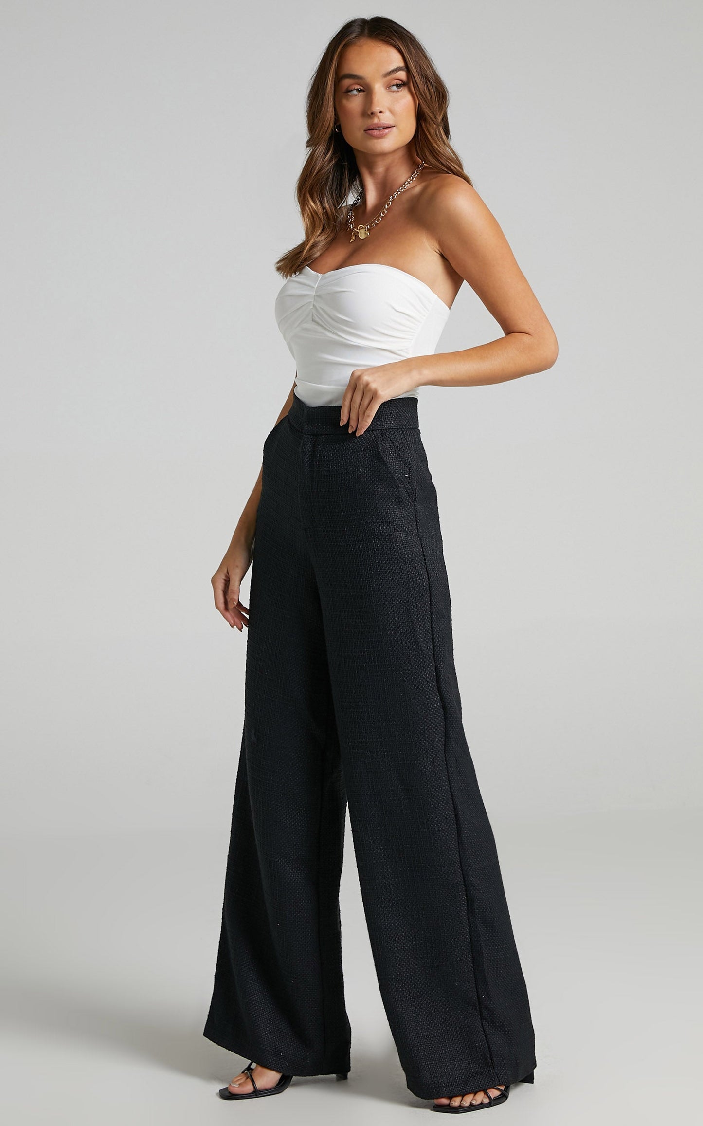 Walters Pants - Tweed Wide Leg High Waist Tailored Pants in Black