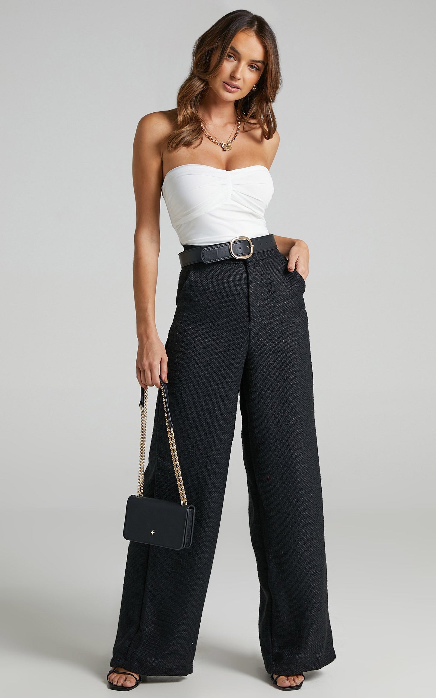 Walters Pants - Tweed Wide Leg High Waist Tailored Pants in Black