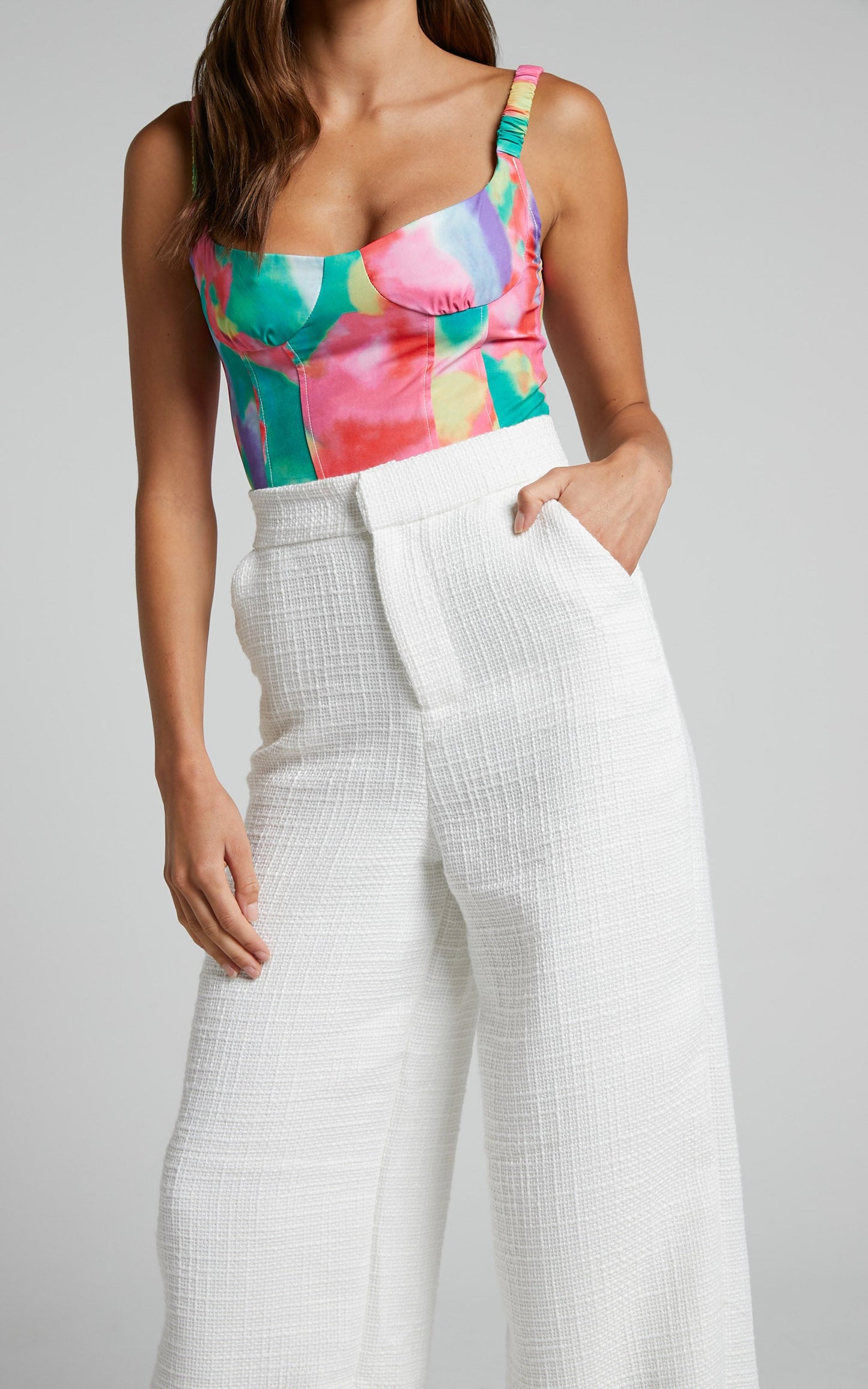 Walters Pants - Tweed Wide Leg High Waist Tailored Pants in White