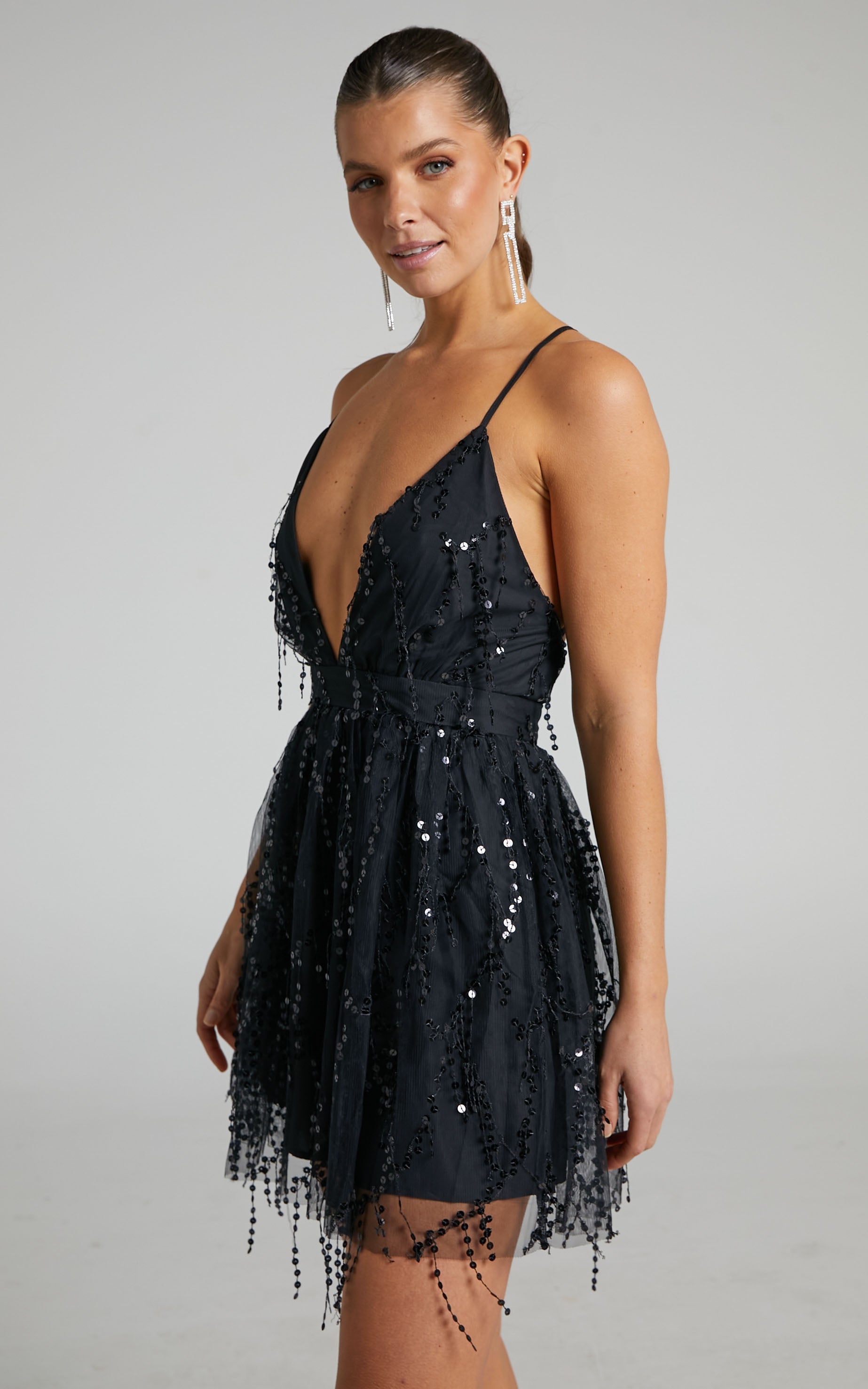 Watch The Queen Conquer Mini Dress - Tulle Plunge Dress in Black Sequin