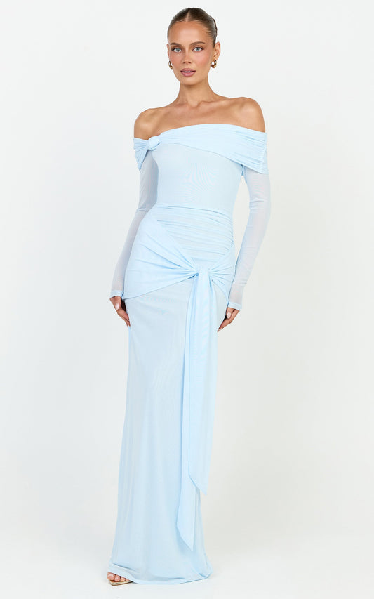 Waverly Maxi Dress - Long Sleeve Off Shoulder Dress in Blue