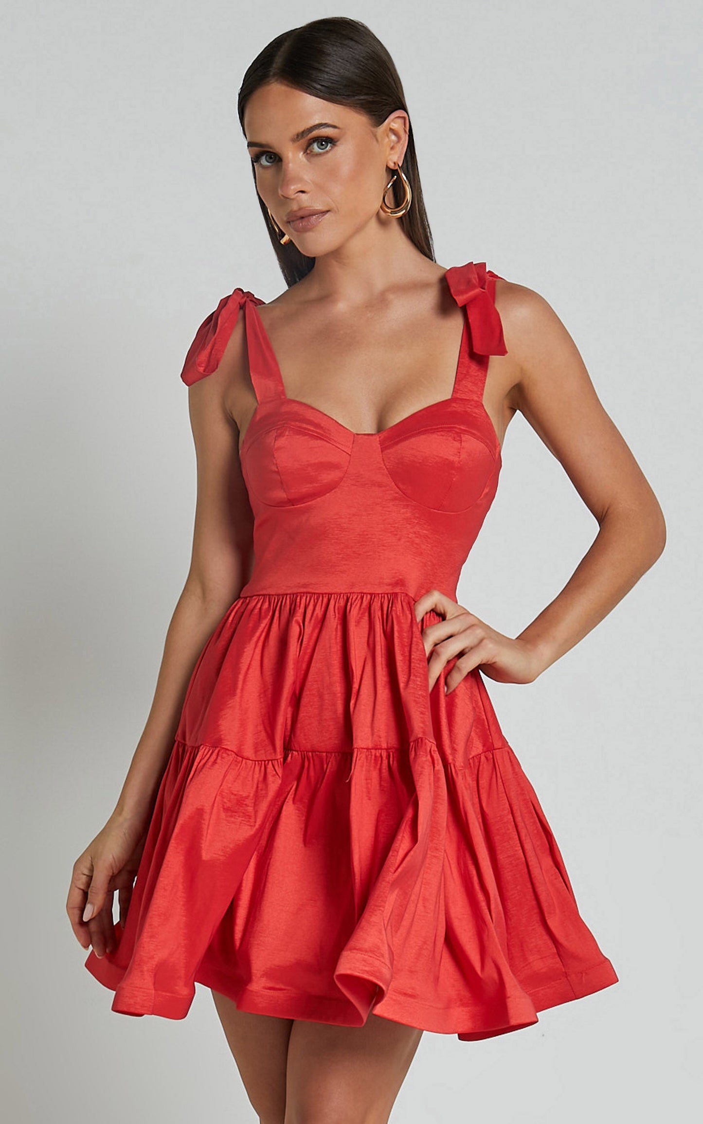 Wednesday Mini Dress - Tie Shoulder Bustier Tiered Dress in Red