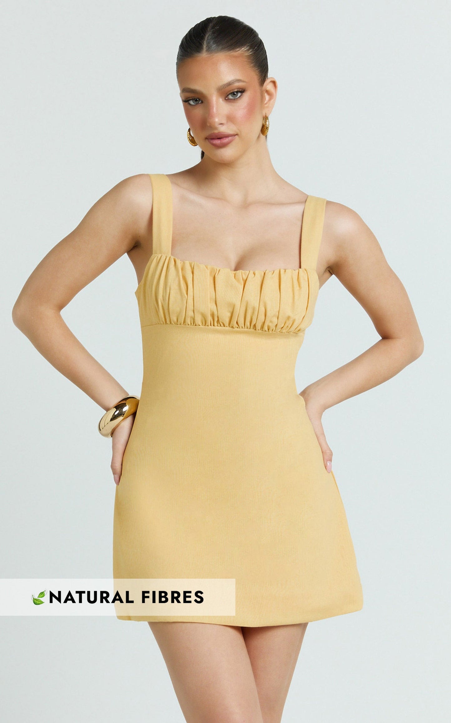 Welmina Mini Dress - Square Neck Front Placket Dress in Lemon
