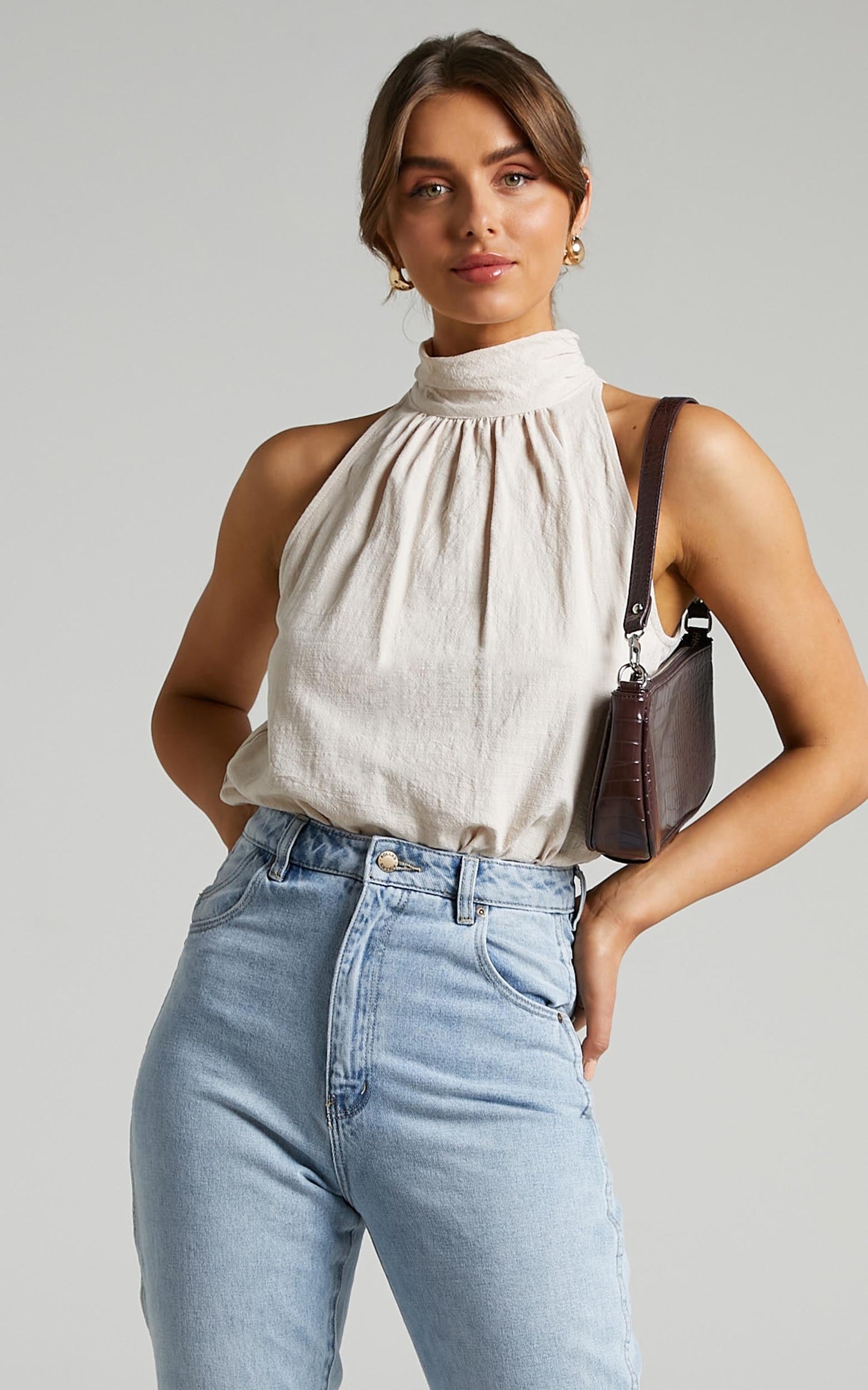 Wendy Longline Mock Neck Top in Beige