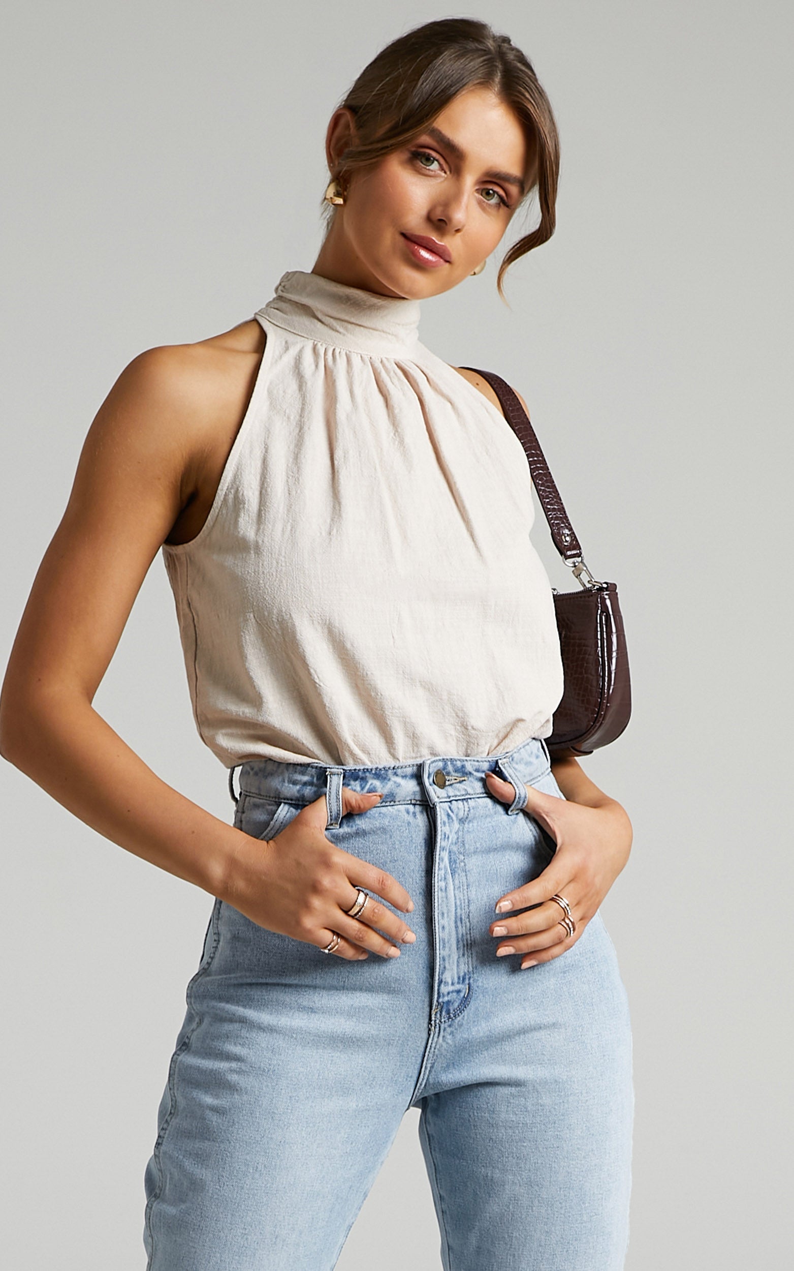 Wendy Longline Mock Neck Top in Beige