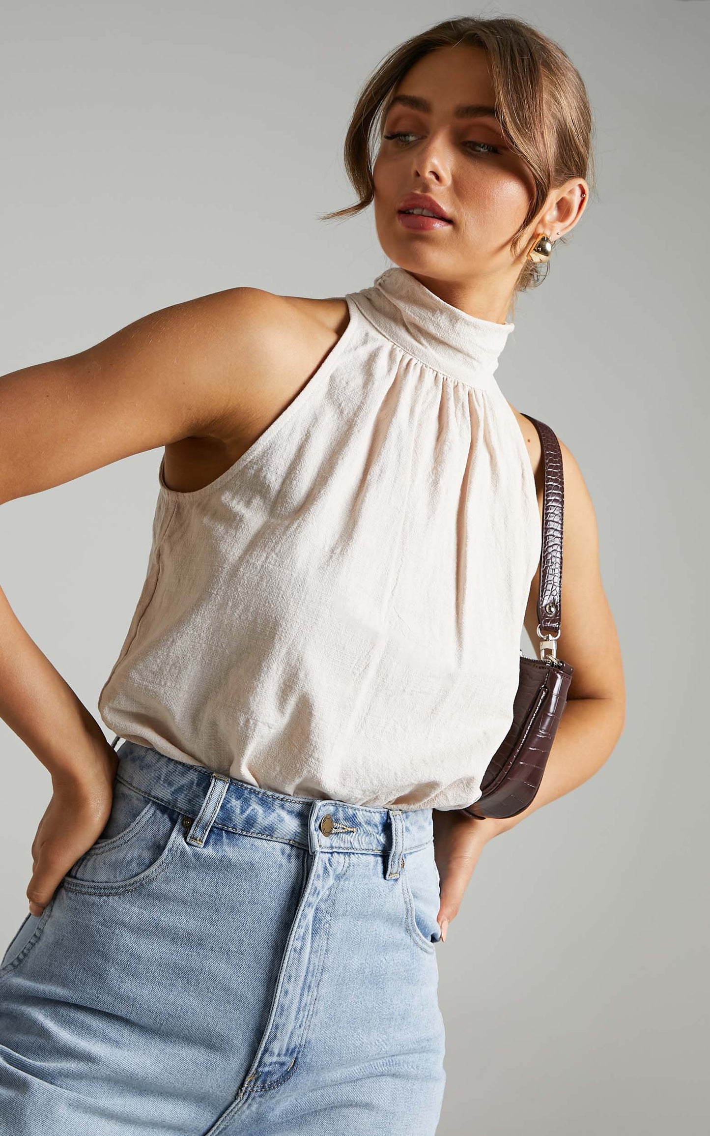 Wendy Longline Mock Neck Top in Beige
