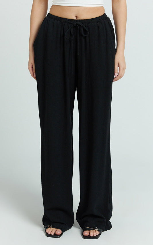 Wesley Pants - Mid Rise Relaxed Leg Linen Blend Pants in Black