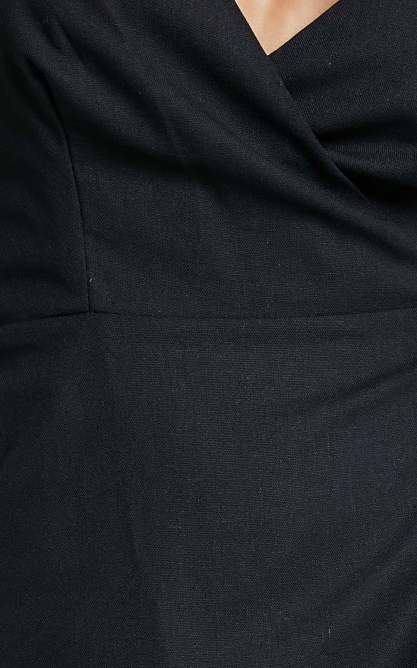 Whisper It Mini Dress - V Neck Wrap Dress in Black Linen Look