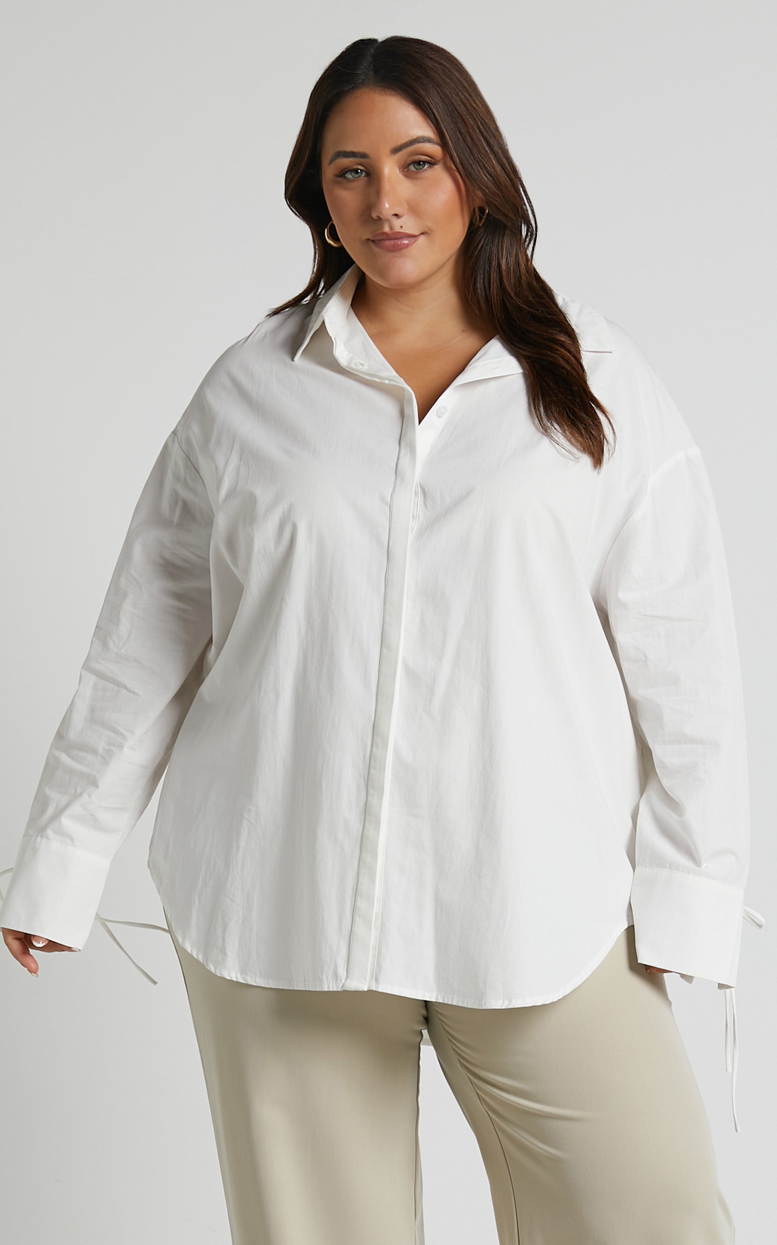 Whoopi Top - Longline Button Detail Tie Cuff Shirt Top in White