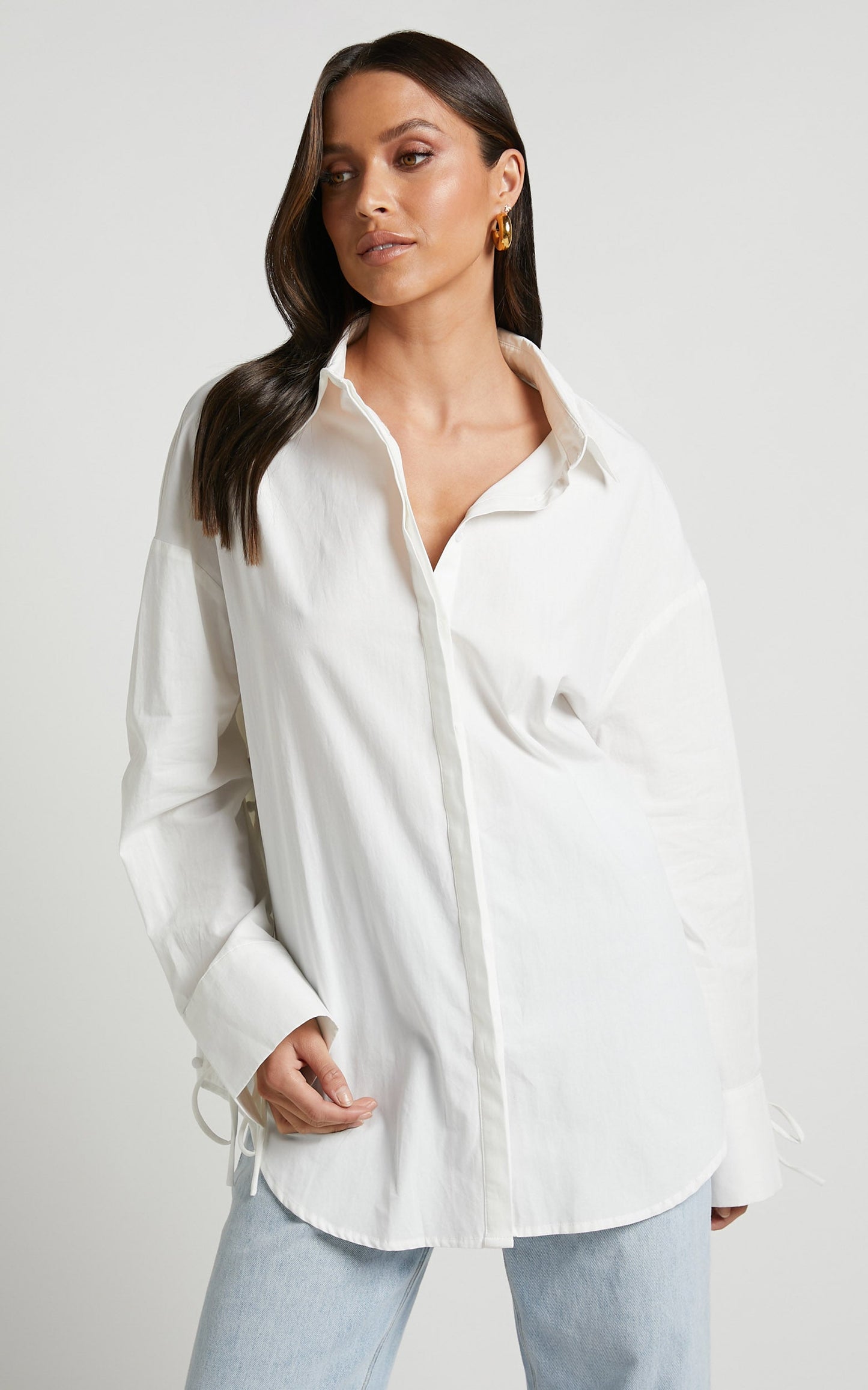 Whoopi Top - Longline Button Detail Tie Cuff Shirt Top in White