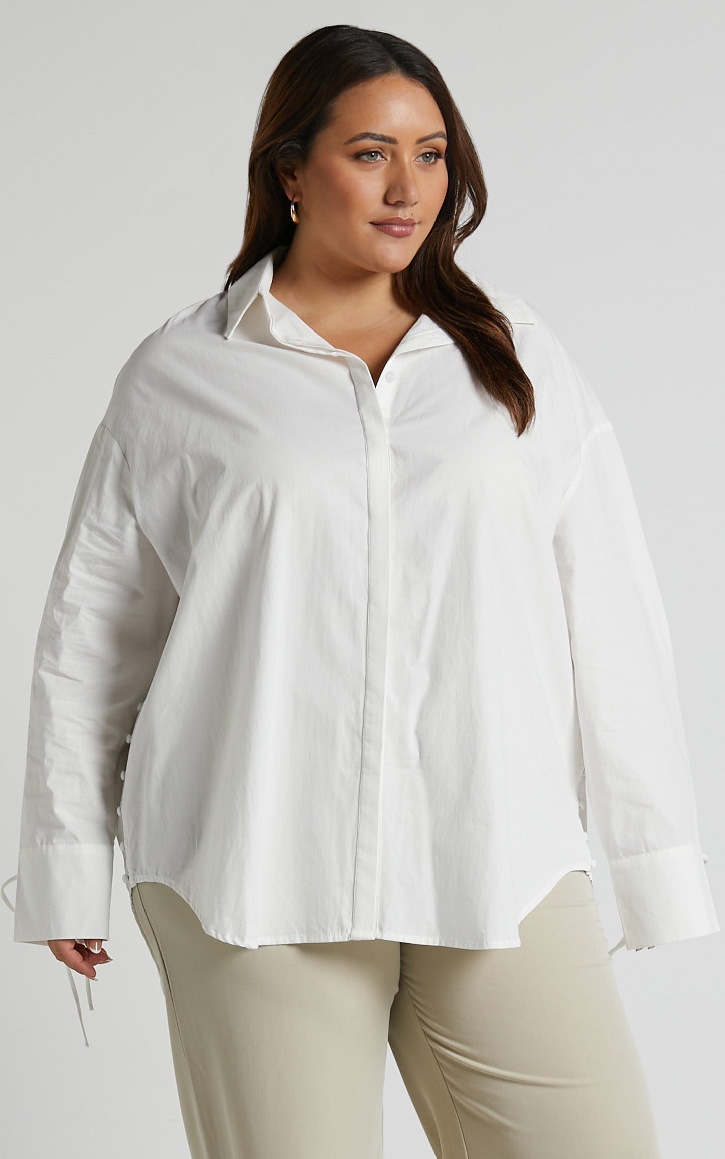 Whoopi Top - Longline Button Detail Tie Cuff Shirt Top in White
