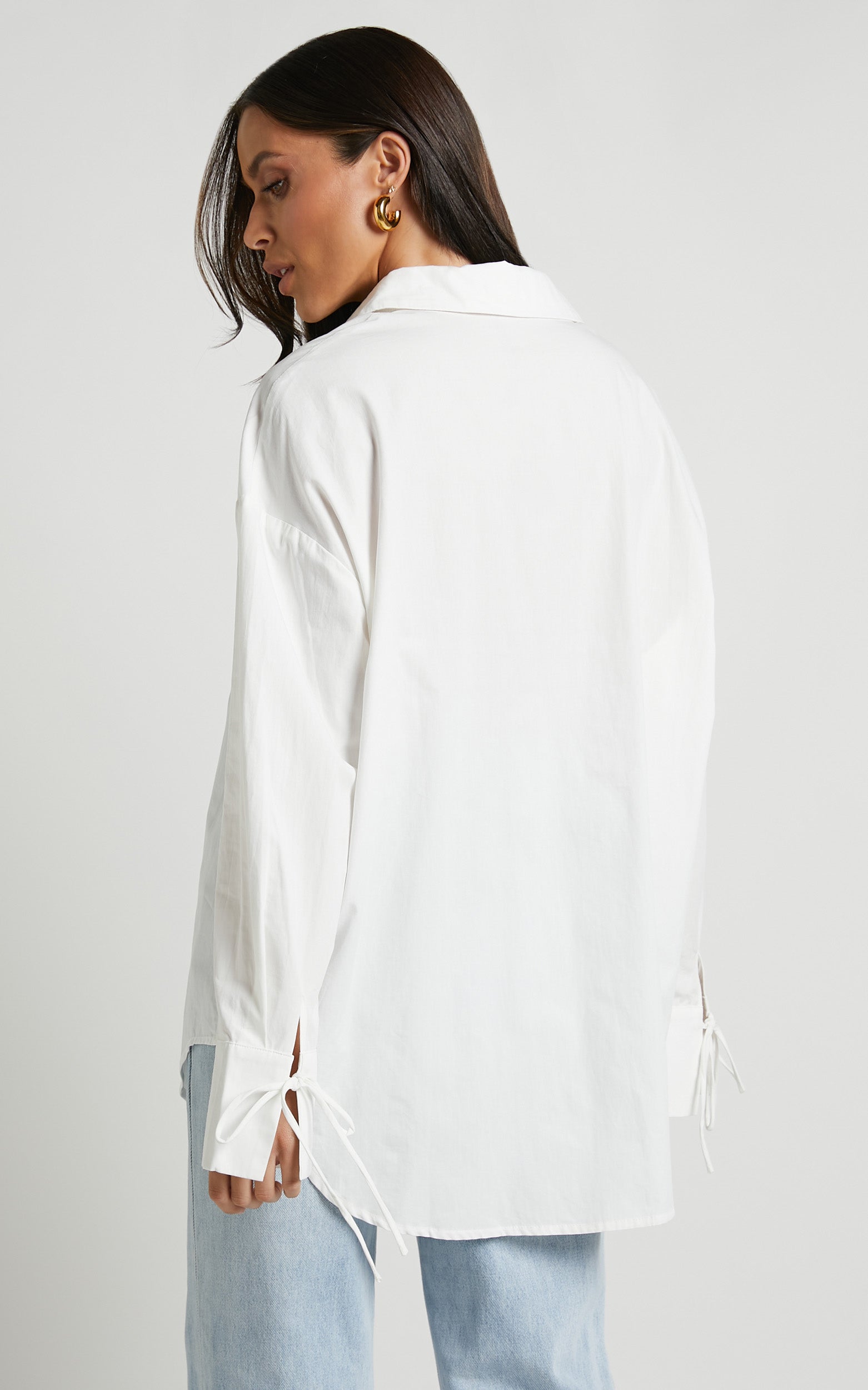 Whoopi Top - Longline Button Detail Tie Cuff Shirt Top in White