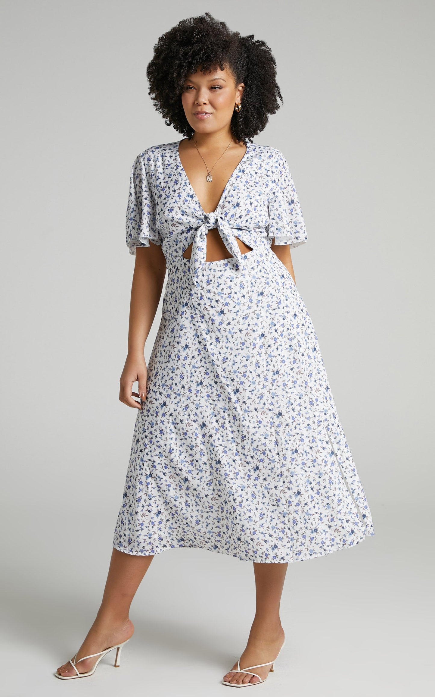 Wild And Free Mind Midi Dress - Front Tie Cut Out Dress in White Floral