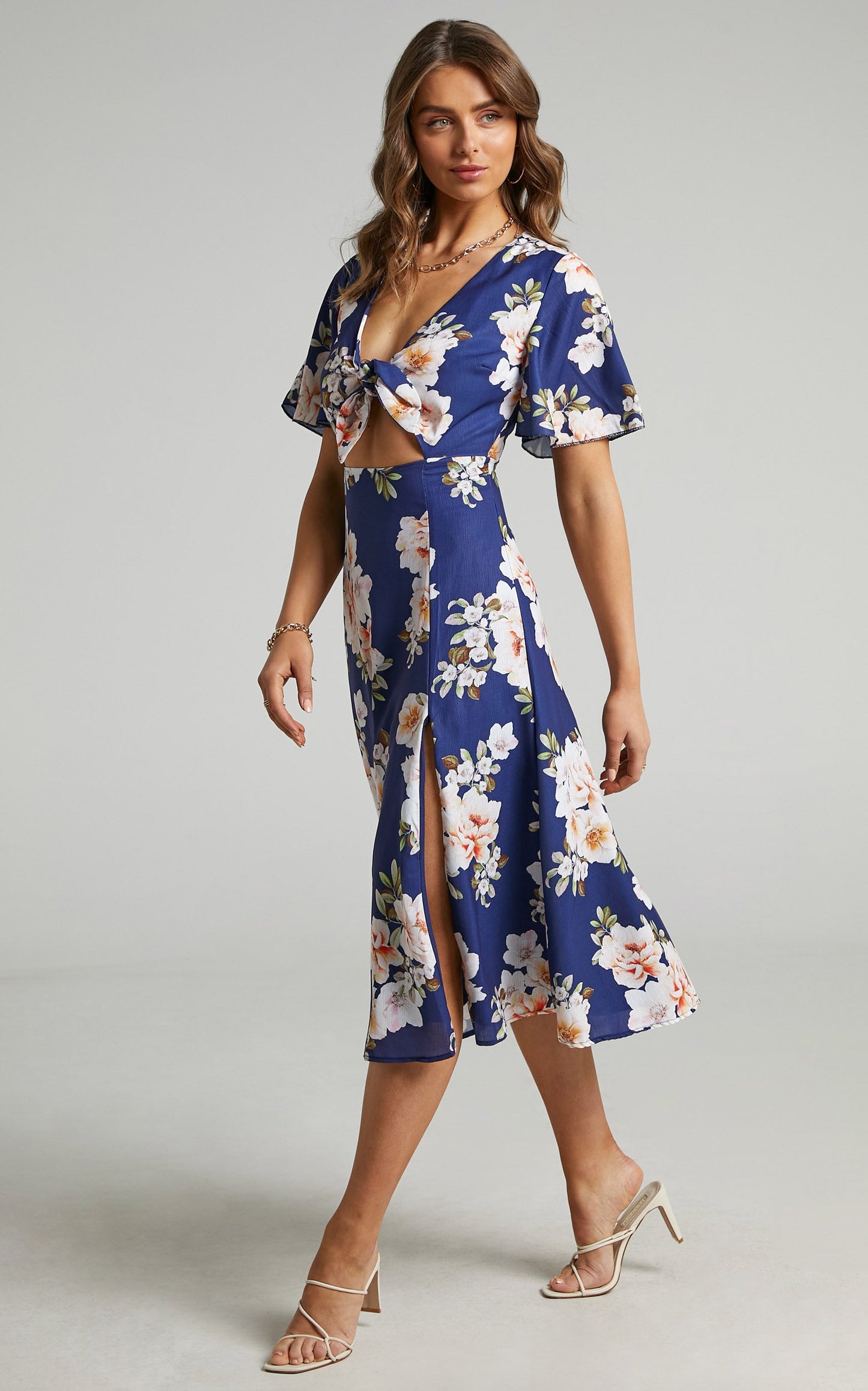 Wild And Free Mind Midi Dress - Front Tie Cut Out Dress in Royal Floral