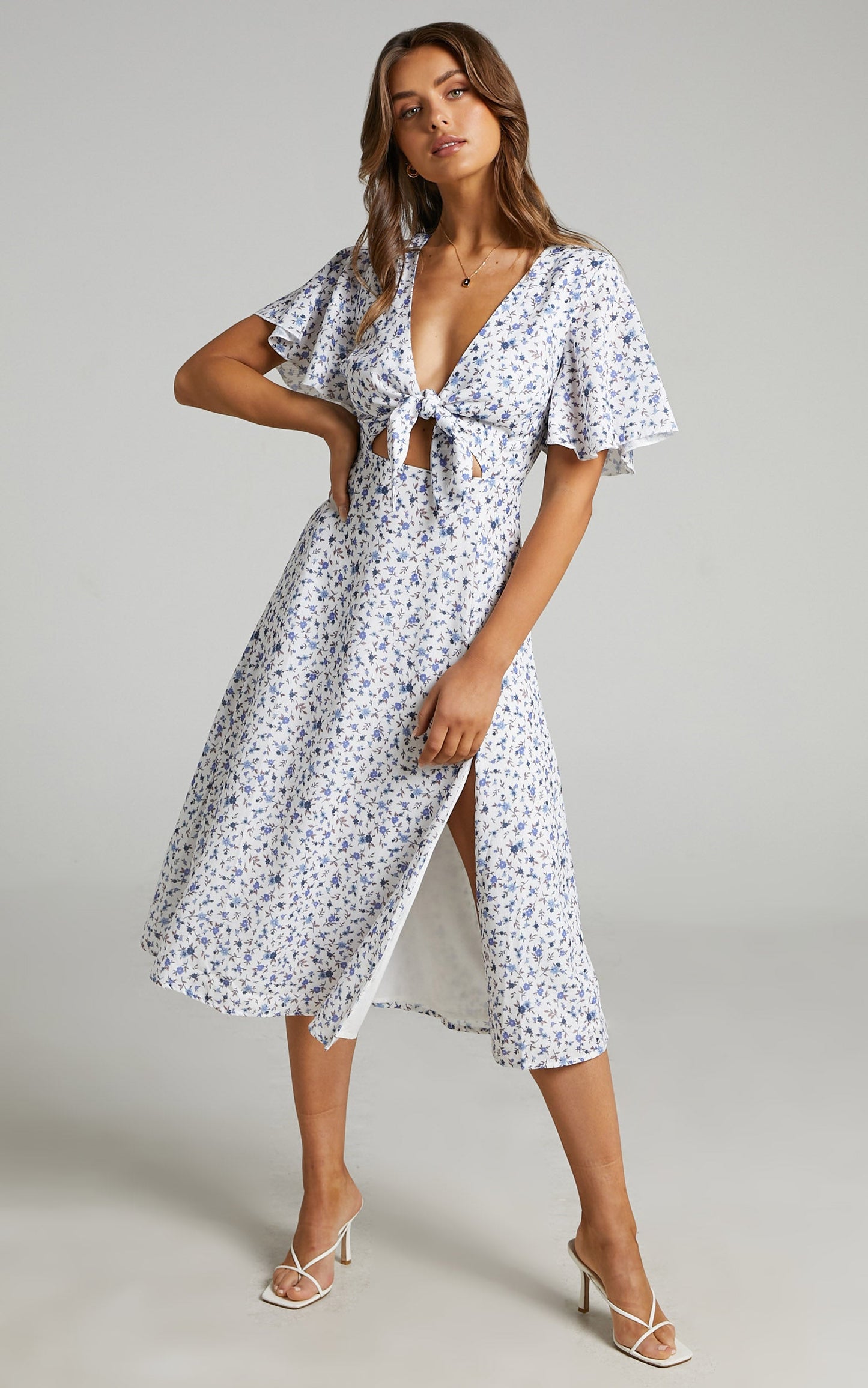 Wild And Free Mind Midi Dress - Front Tie Cut Out Dress in White Floral