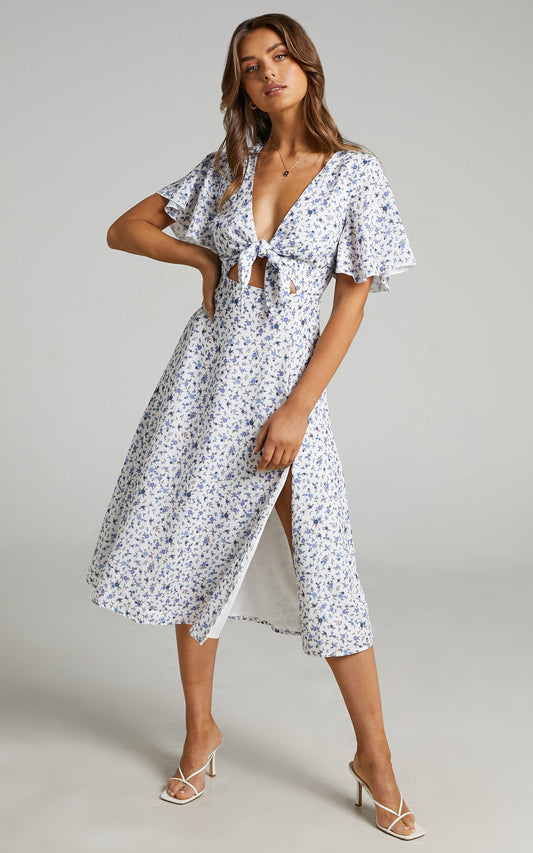 Wild And Free Mind Midi Dress - Front Tie Cut Out Dress in White Floral
