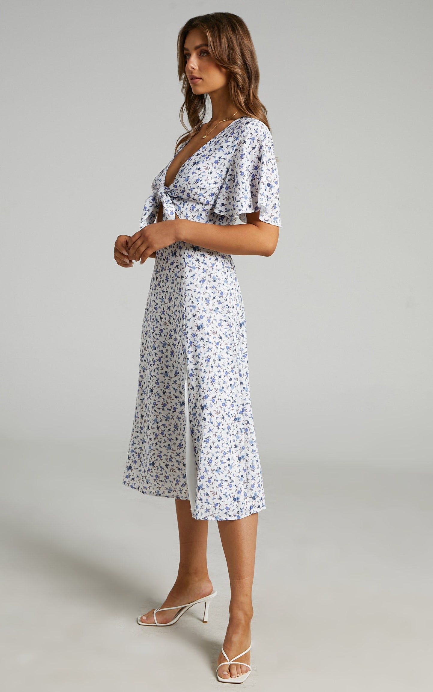 Wild And Free Mind Midi Dress - Front Tie Cut Out Dress in White Floral