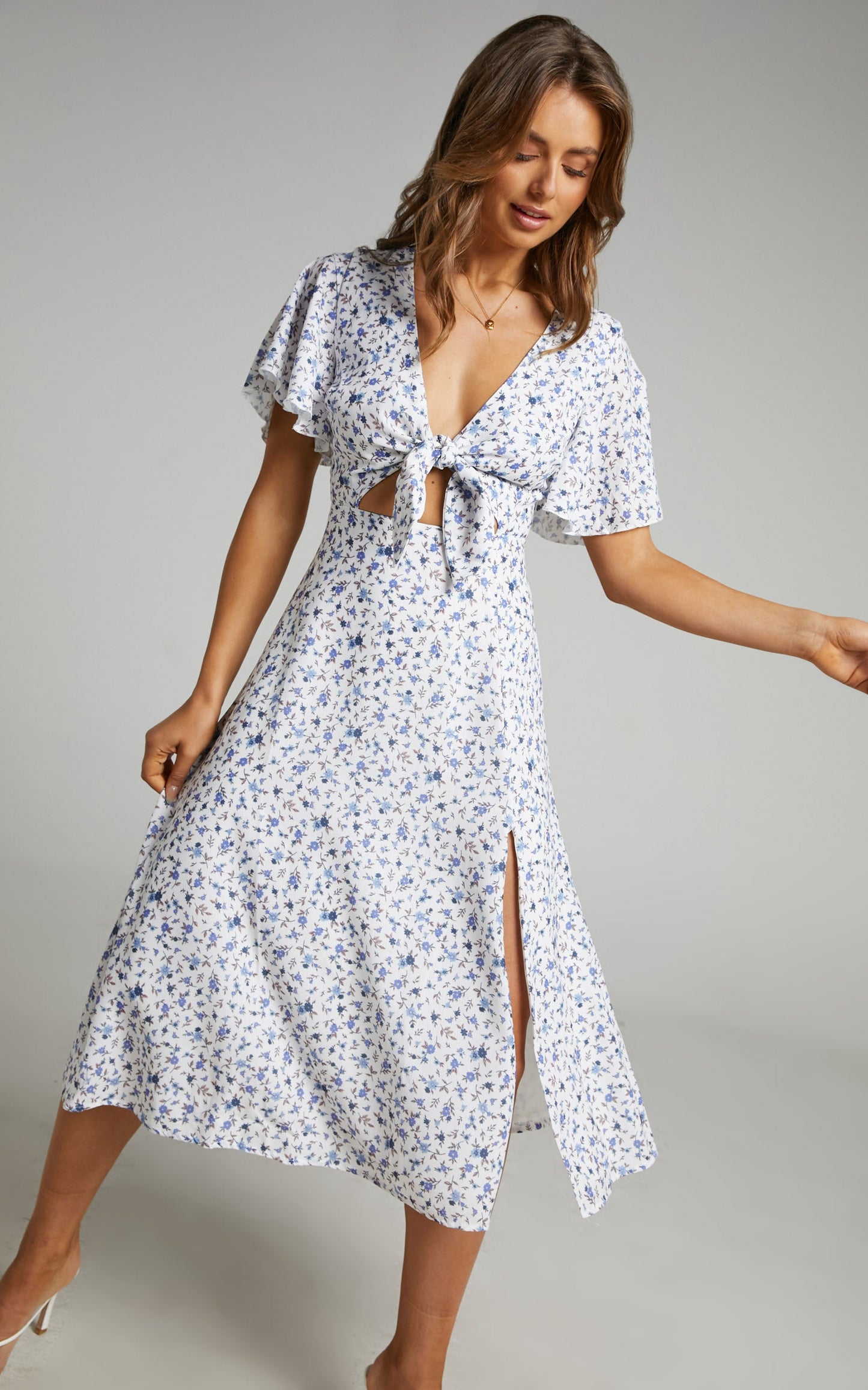 Wild And Free Mind Midi Dress - Front Tie Cut Out Dress in White Floral
