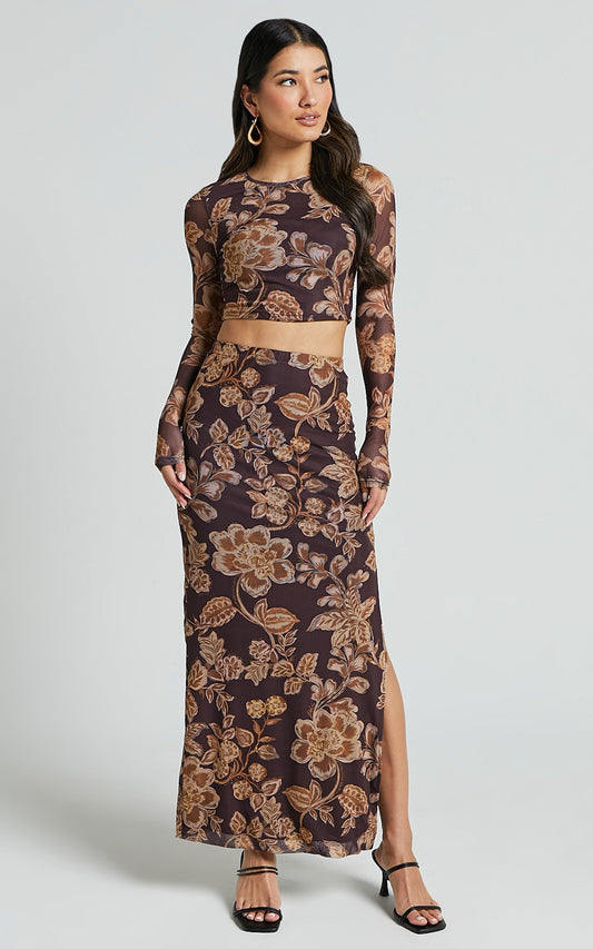 Willow Two Piece Set - Long Sleeve Top and Midi Skirt Mesh Set in Amber Bloom Print