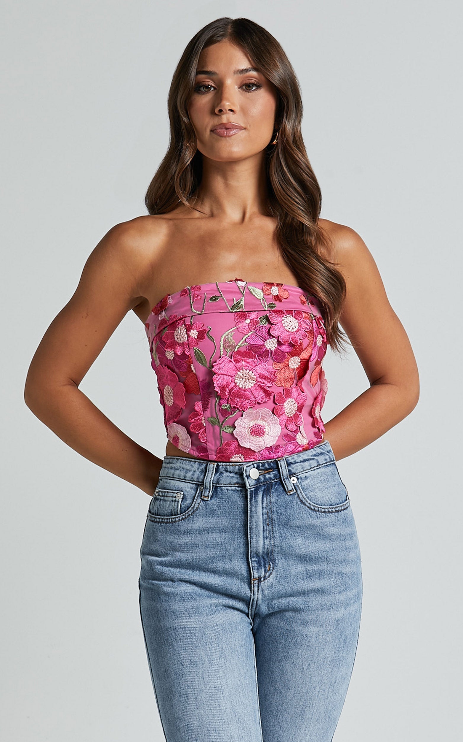 Wren Top - Strapless Garden Flowers Corset Top in Magenta