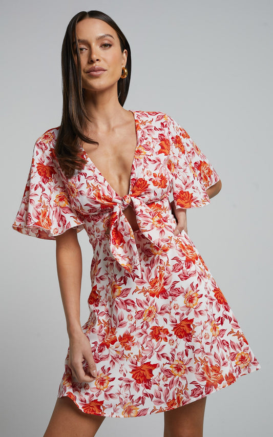 Wynna Mini Dress - Tie Front Cut Out Flutter Sleeve Dress in Pink Red Floral