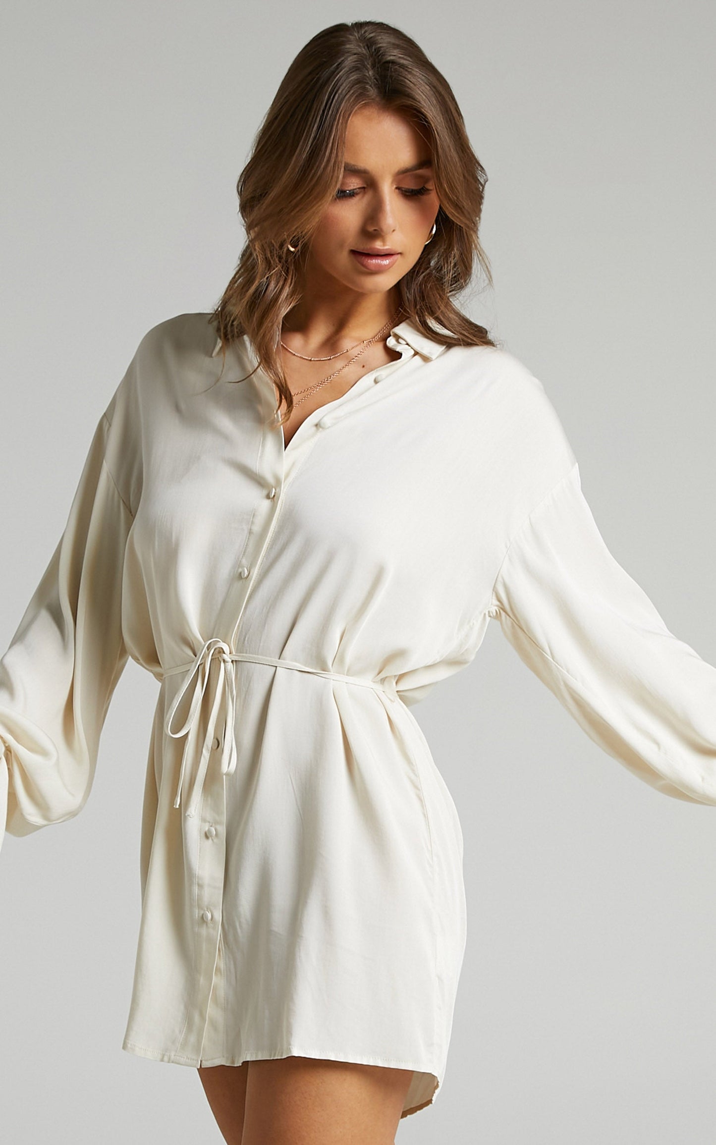 Wynter Mini Dress - Waist Tie Shirt Dress in Off White