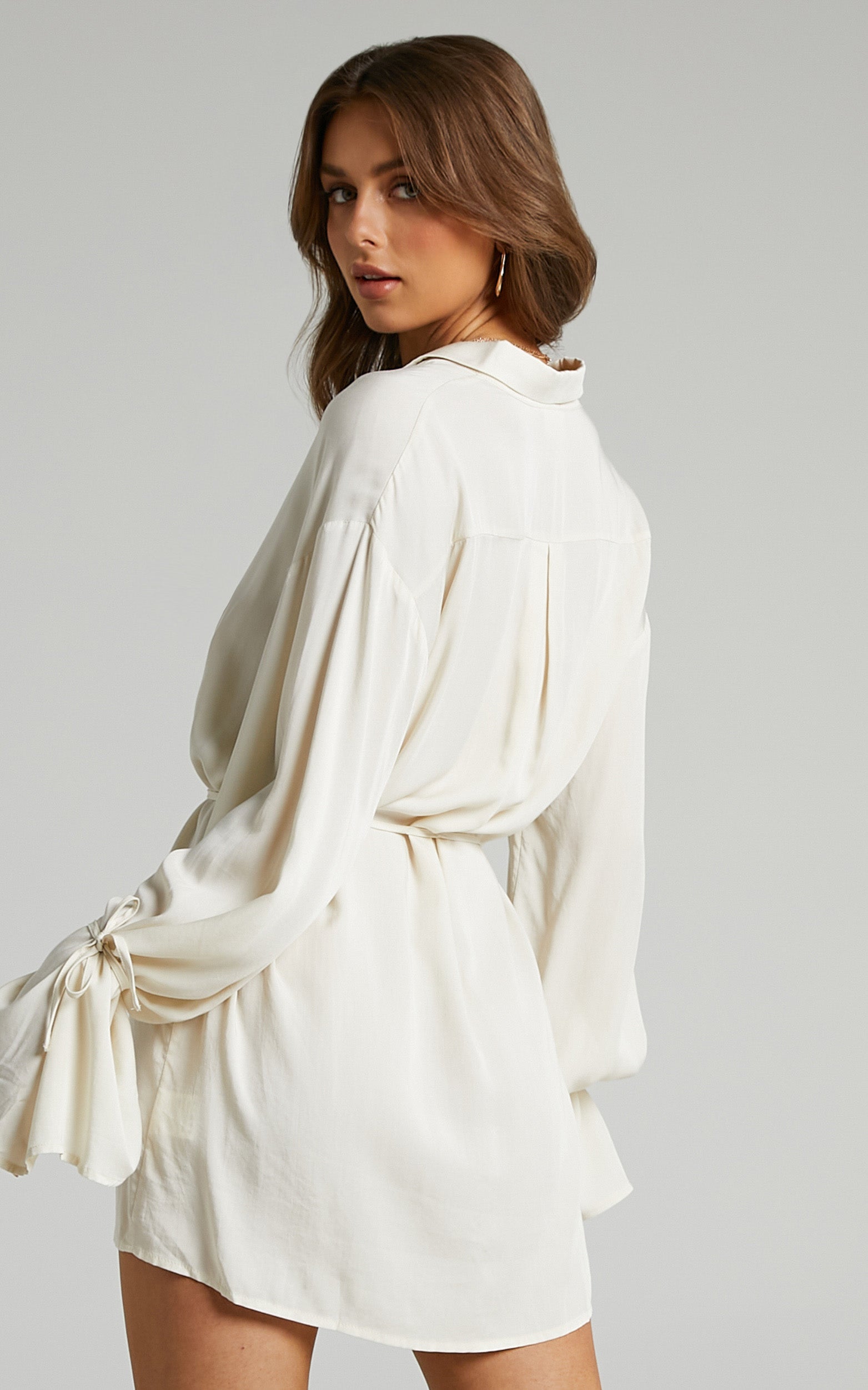 Wynter Mini Dress - Waist Tie Shirt Dress in Off White